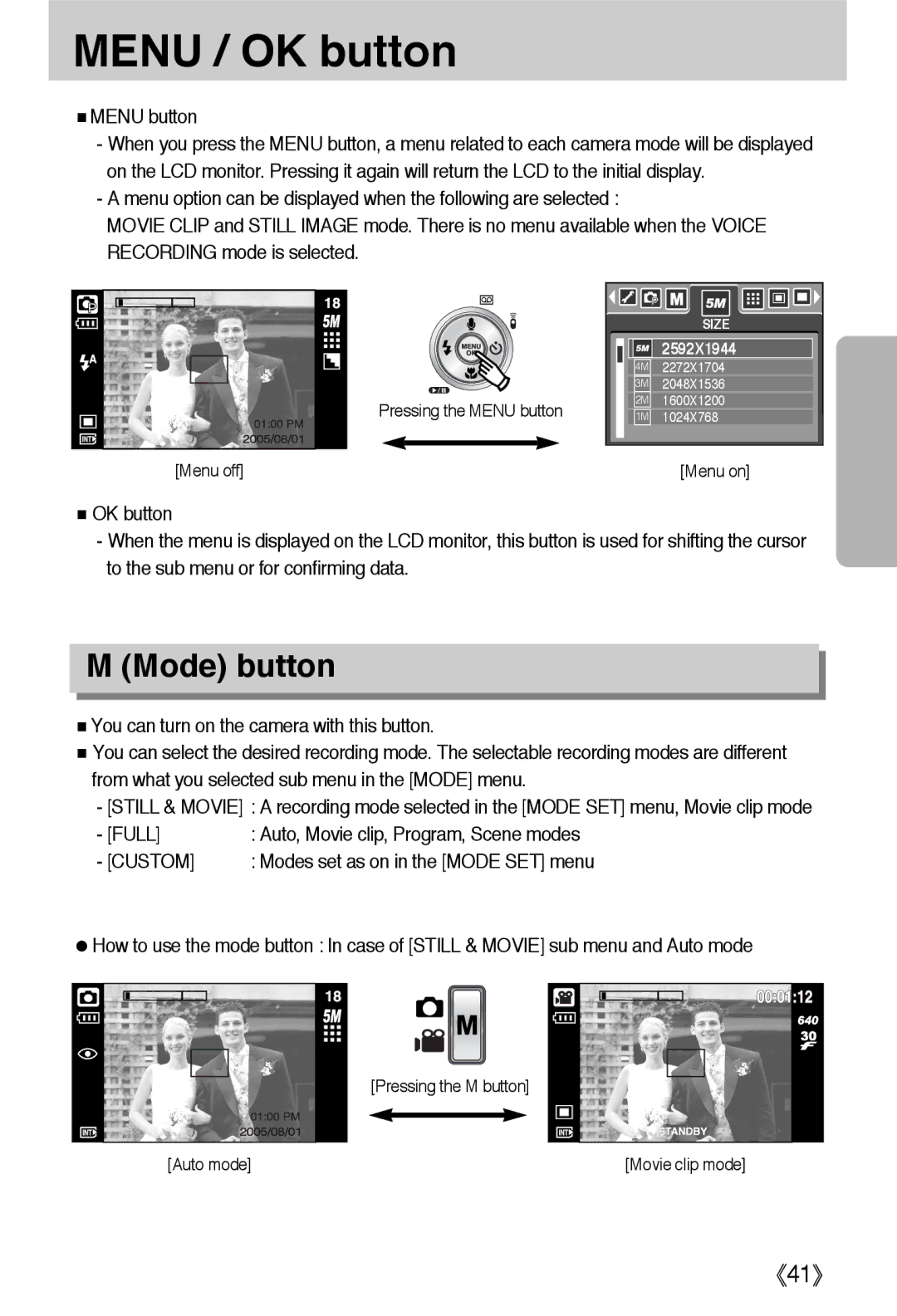 Samsung EC-L55WZEBA/E1, EC-L55WZSBA/E1, EC-L55WZSAA manual Menu / OK button, Mode button, Menu button, Custom 