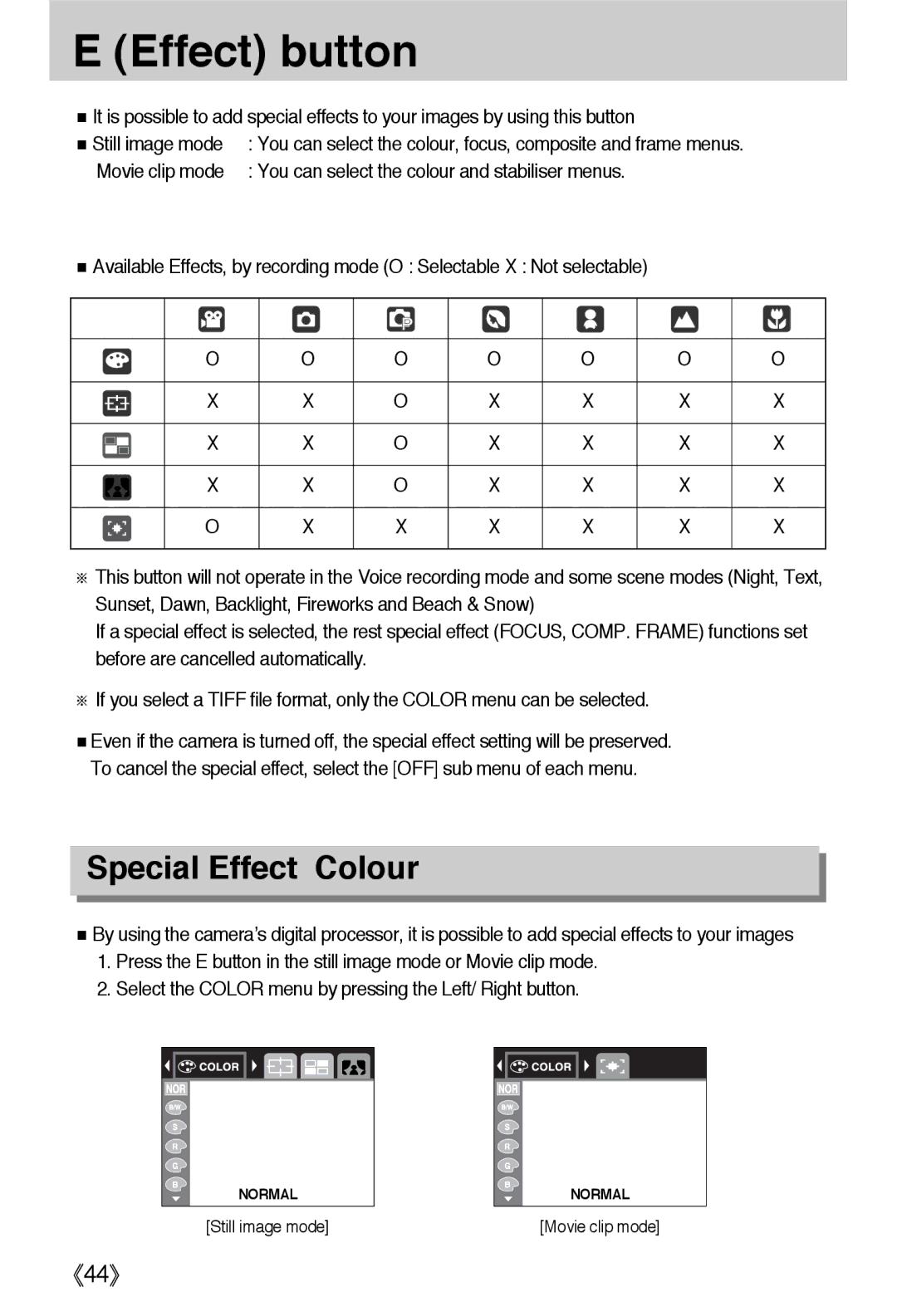 Samsung EC-L55WZEBA/E1, EC-L55WZSAA Effect button, Special Effect Colour, You can select the colour and stabiliser menus 