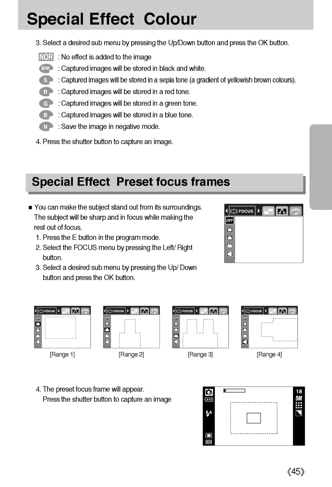 Samsung EC-L55WZSBA/E1, EC-L55WZSAA, EC-L55WZEBA/E1 manual Special Effect Colour, Special Effect Preset focus frames 