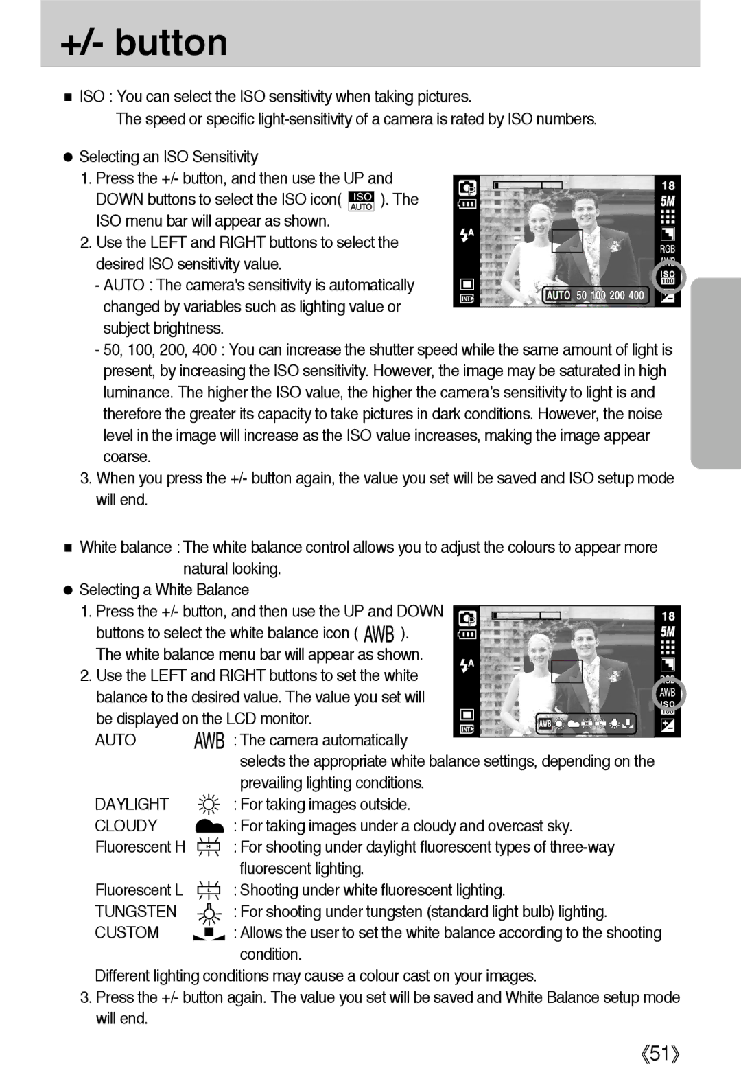 Samsung EC-L55WZSBA/E1, EC-L55WZSAA, EC-L55WZEBA/E1 manual Auto, Daylight, Cloudy, Tungsten 