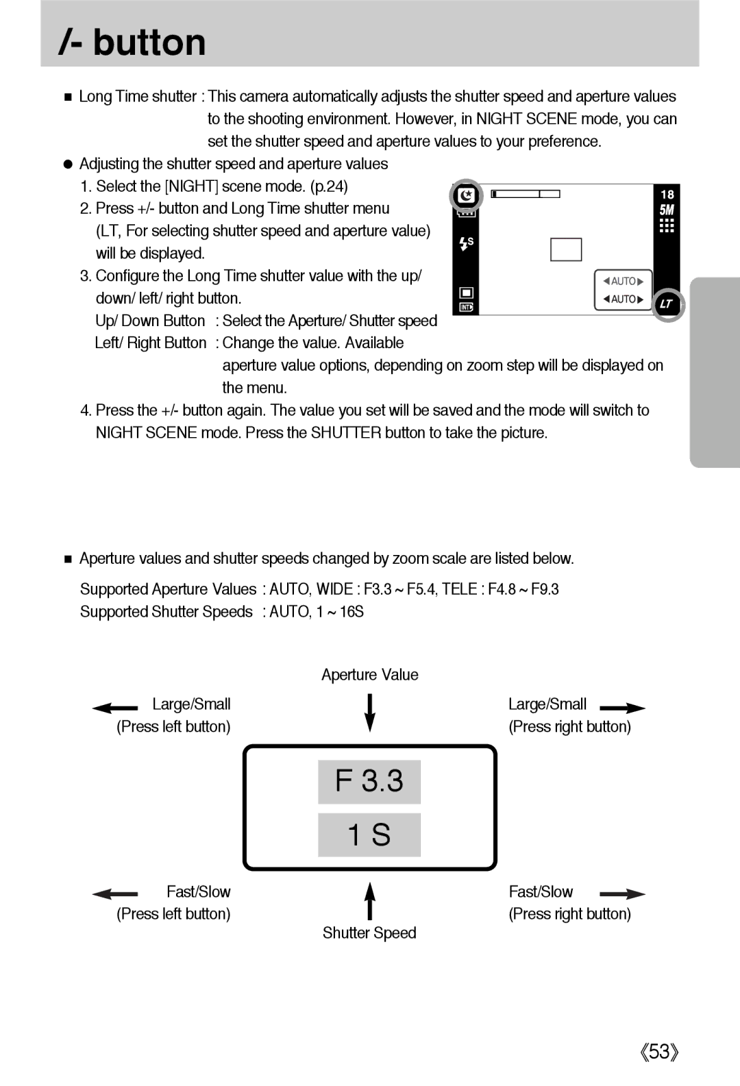 Samsung EC-L55WZEBA/E1, EC-L55WZSBA/E1 manual Large/Small Press right button Fast/Slow Press left button, Shutter Speed 