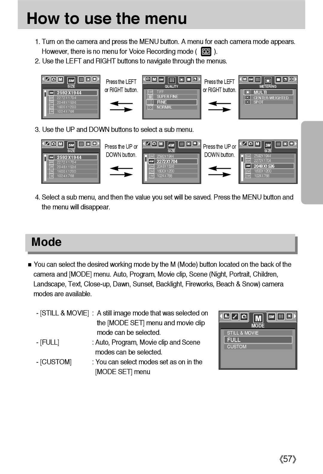 Samsung EC-L55WZSBA/E1 How to use the menu, Use the UP and Down buttons to select a sub menu, Modes can be selected 