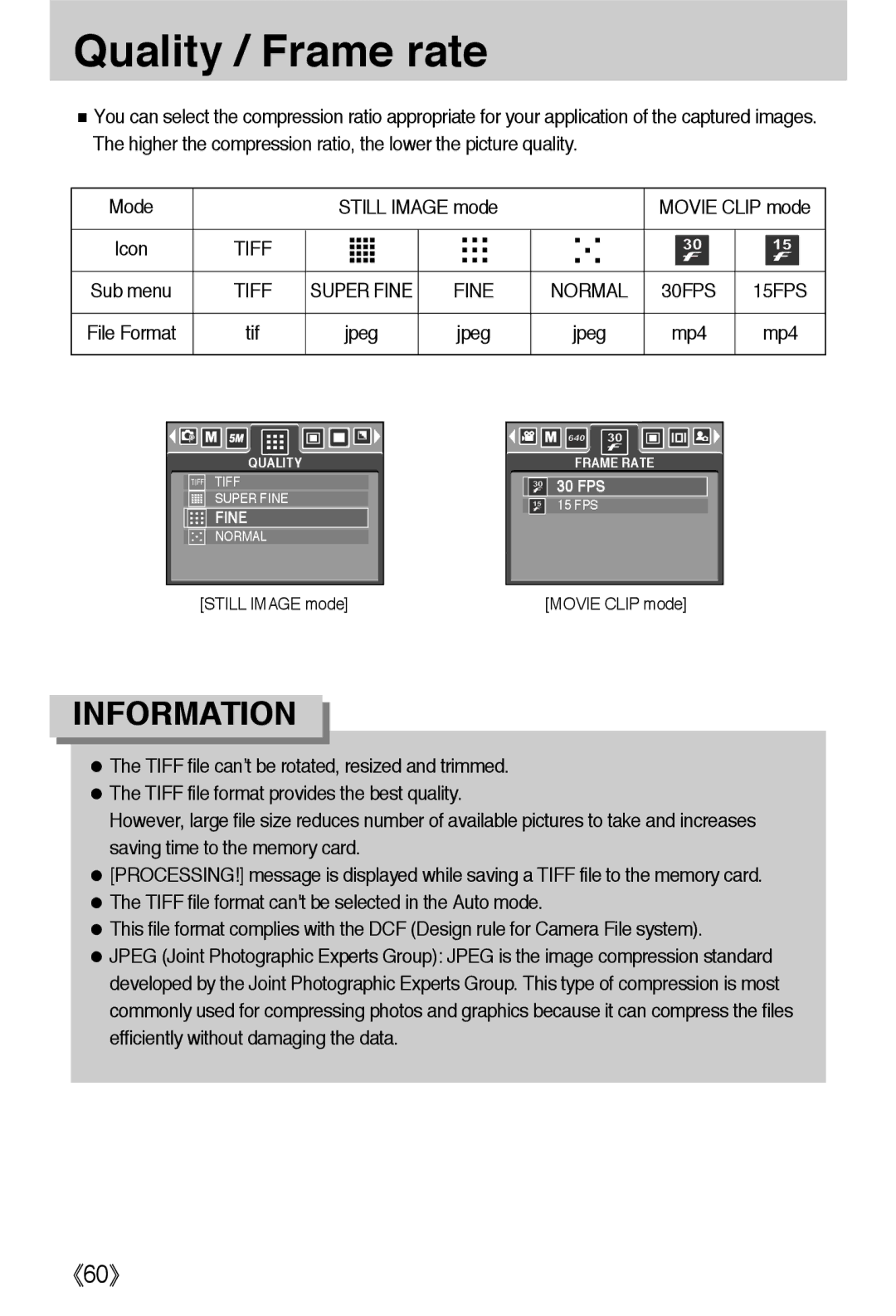 Samsung EC-L55WZSBA/E1, EC-L55WZSAA, EC-L55WZEBA/E1 manual Quality / Frame rate, Tiff 