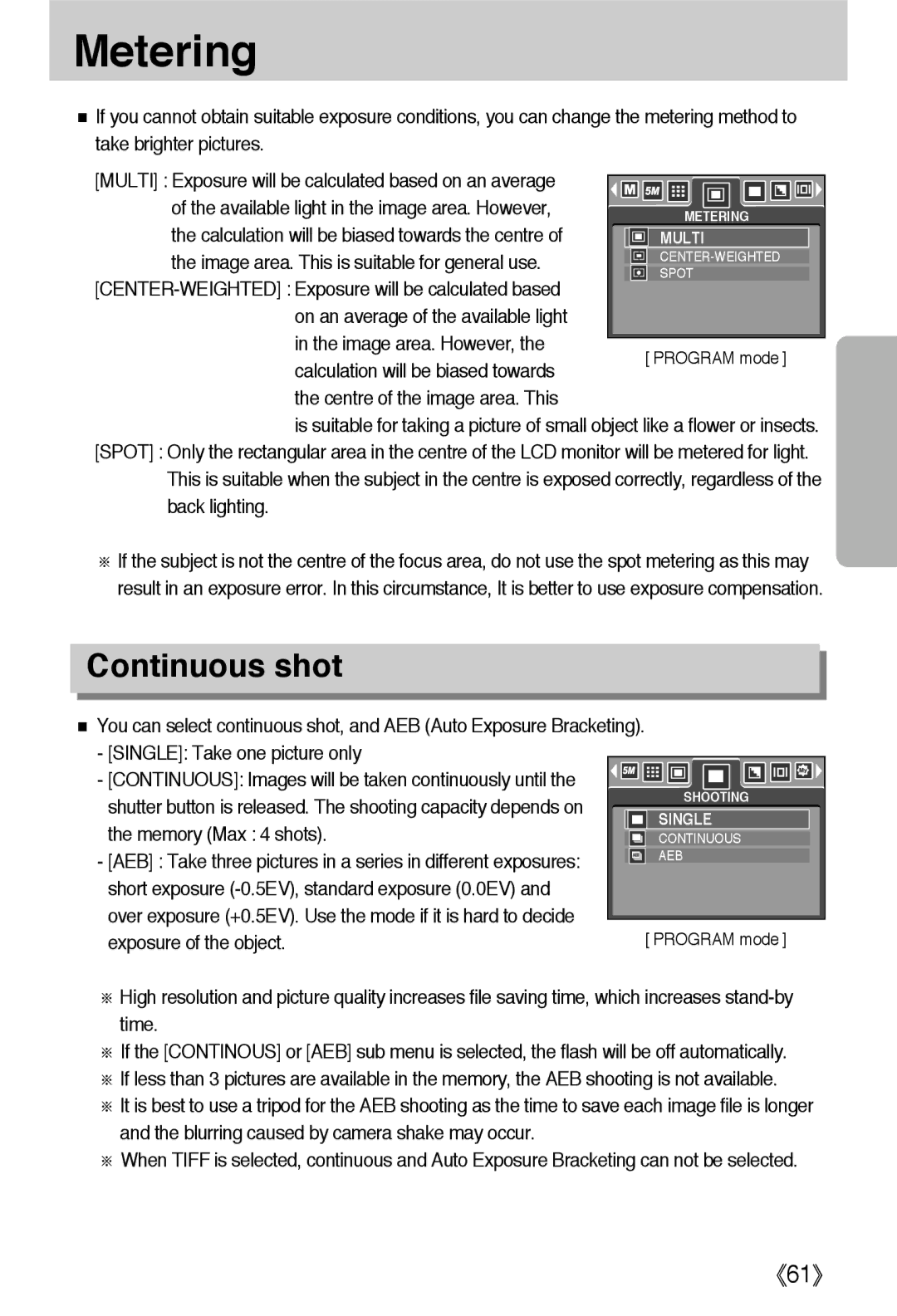 Samsung EC-L55WZSAA, EC-L55WZSBA/E1, EC-L55WZEBA/E1 manual Metering, Continuous shot 