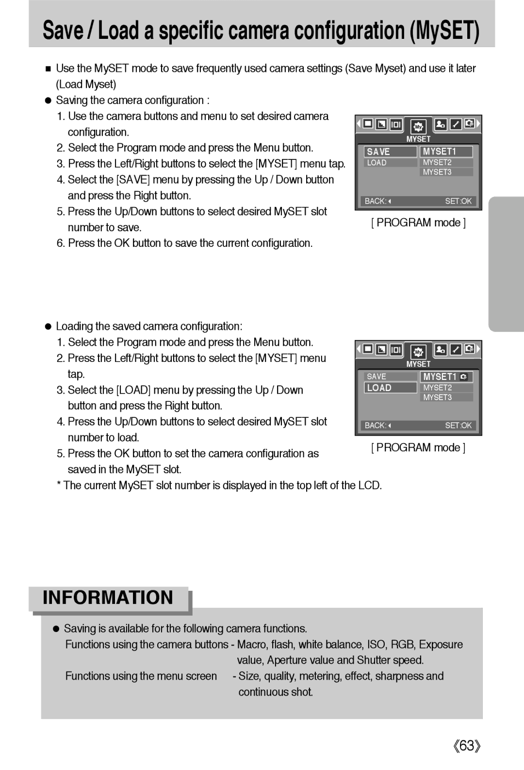 Samsung EC-L55WZSBA/E1, EC-L55WZSAA, EC-L55WZEBA/E1 manual Save / Load a specific camera configuration MySET 