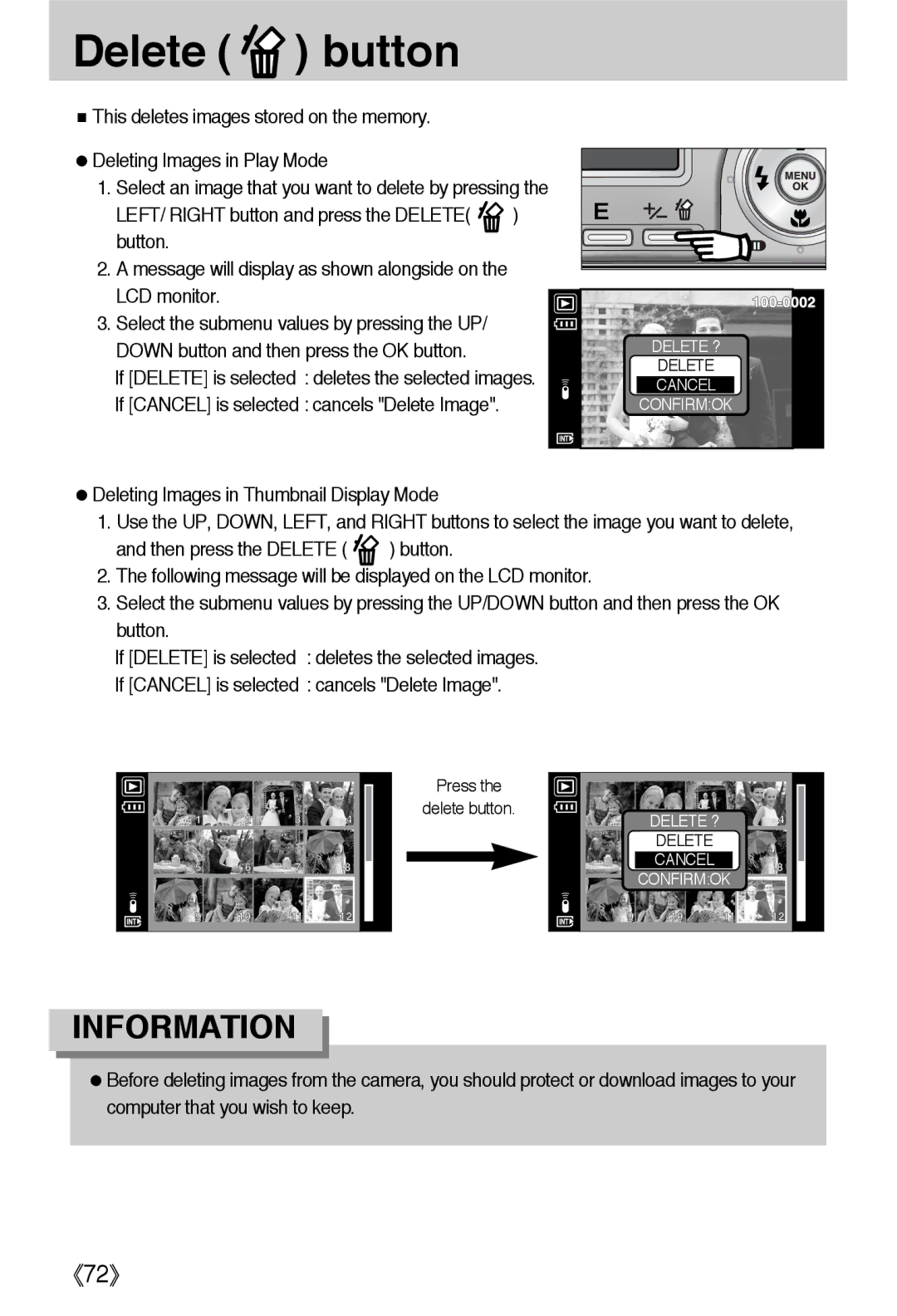 Samsung EC-L55WZSBA/E1, EC-L55WZSAA, EC-L55WZEBA/E1 manual Delete button, LCD monitor 