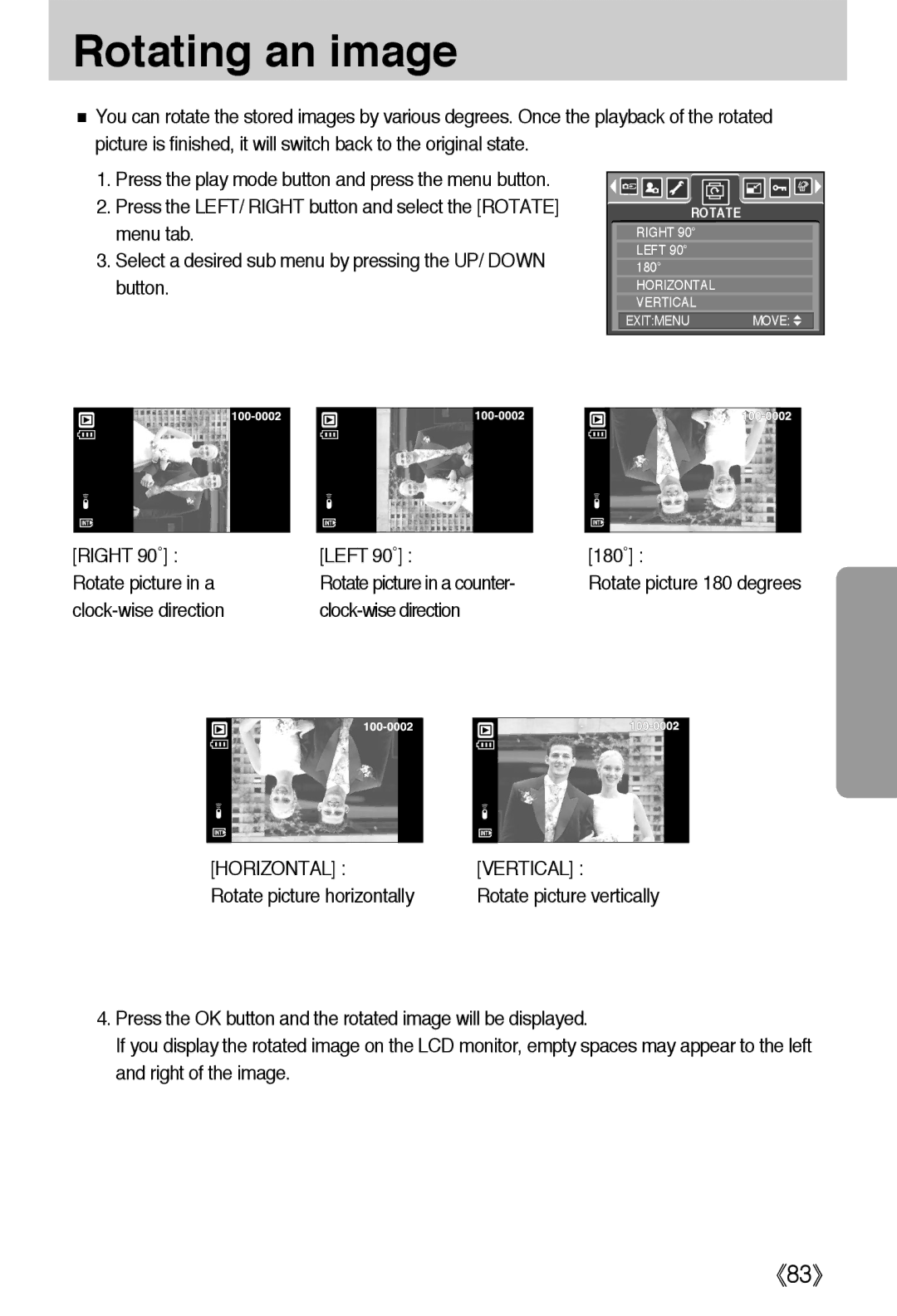 Samsung EC-L55WZEBA/E1, EC-L55WZSBA/E1 Rotating an image, Left 90˚ 180˚ Rotate picture in a counter, Clock-wise direction 