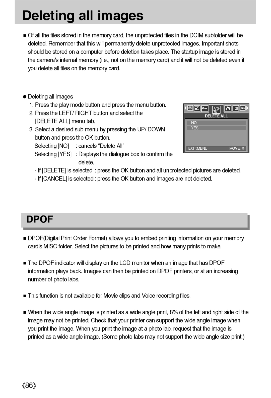 Samsung EC-L55WZEBA/E1, EC-L55WZSBA/E1, EC-L55WZSAA manual Deleting all images, Press the LEFT/ Right button and select 