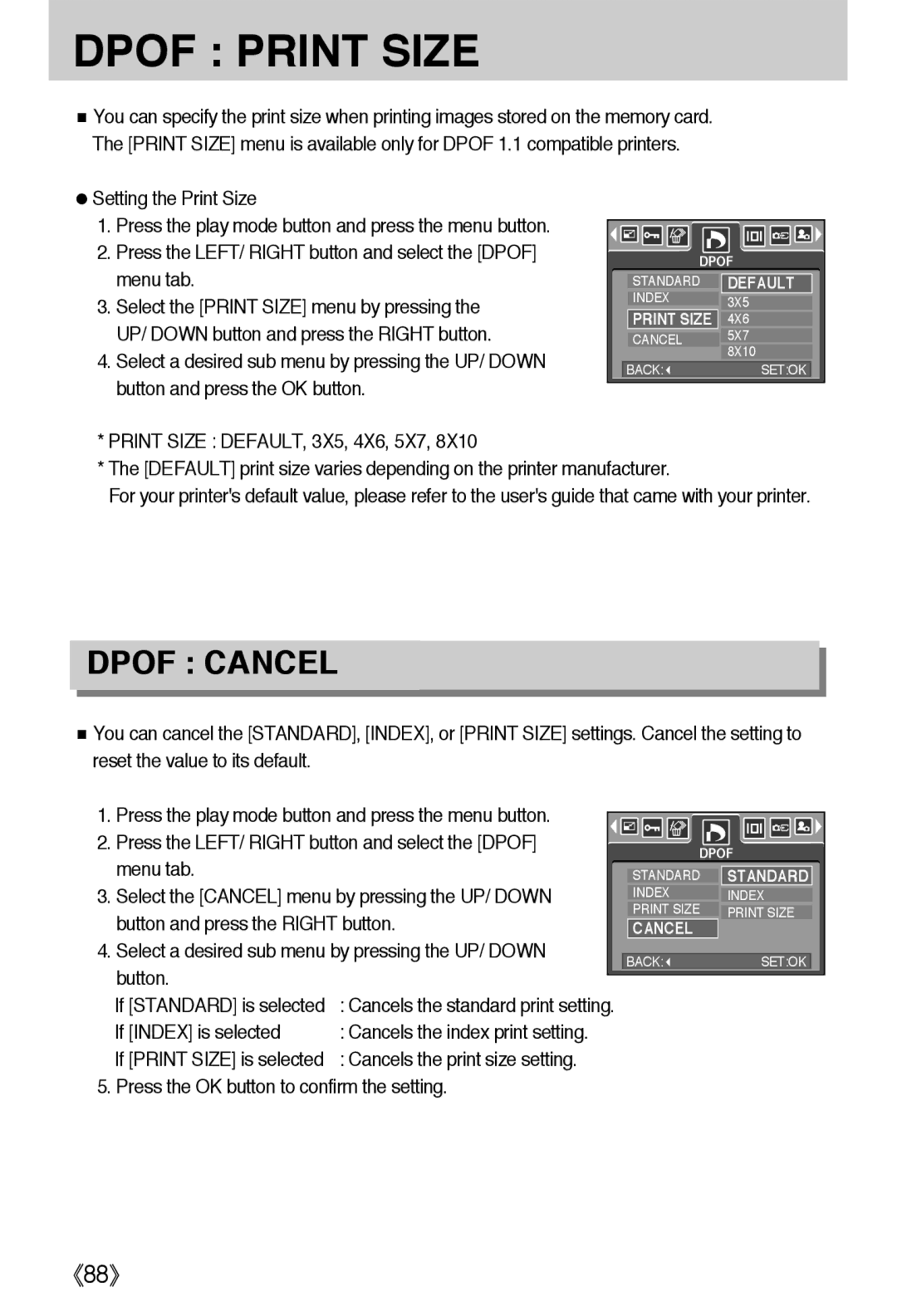 Samsung EC-L55WZSAA, EC-L55WZSBA/E1 manual Setting the Print Size, Press the LEFT/ Right button and select the Dpof menu tab 