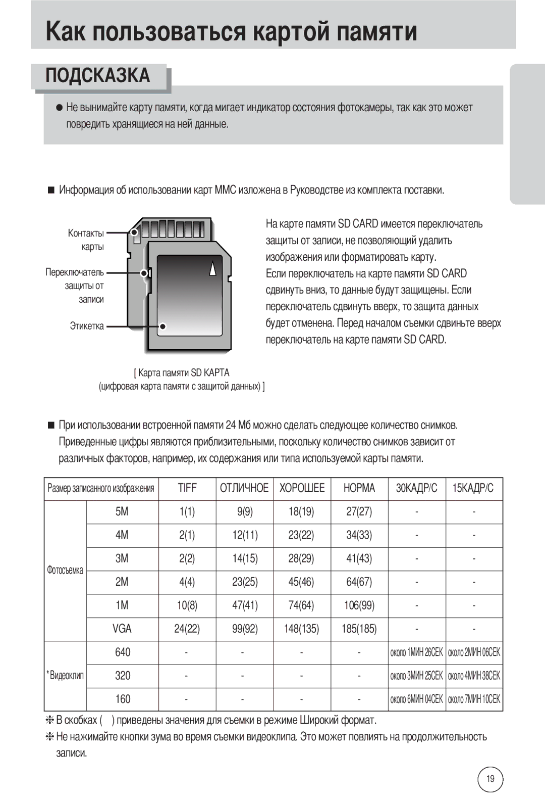 Samsung EC-L55WZSAA Повредить хранящиеся на ней данные, Переключатель на карте памяти SD Card, 1211, 1415, 2325, 4741, 640 