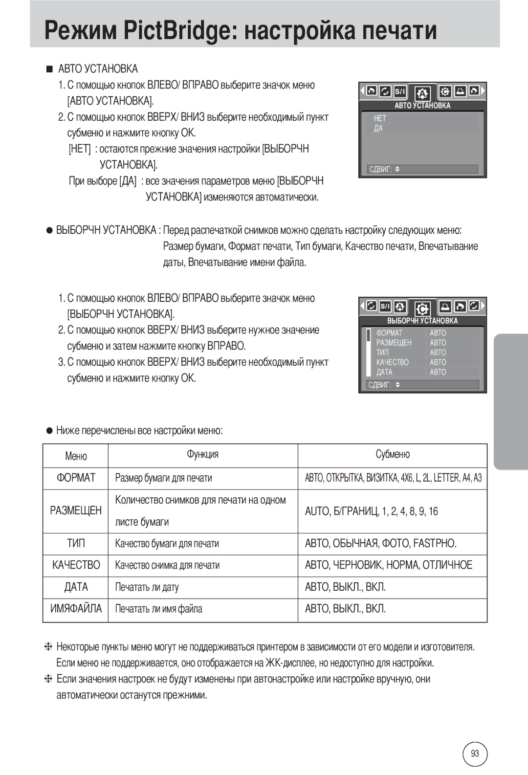 Samsung EC-L55WZSBA/E1, EC-L55WZSAA manual Ежим PictBridge настройка печати, Листе бумаги Автоматически останутся прежними 