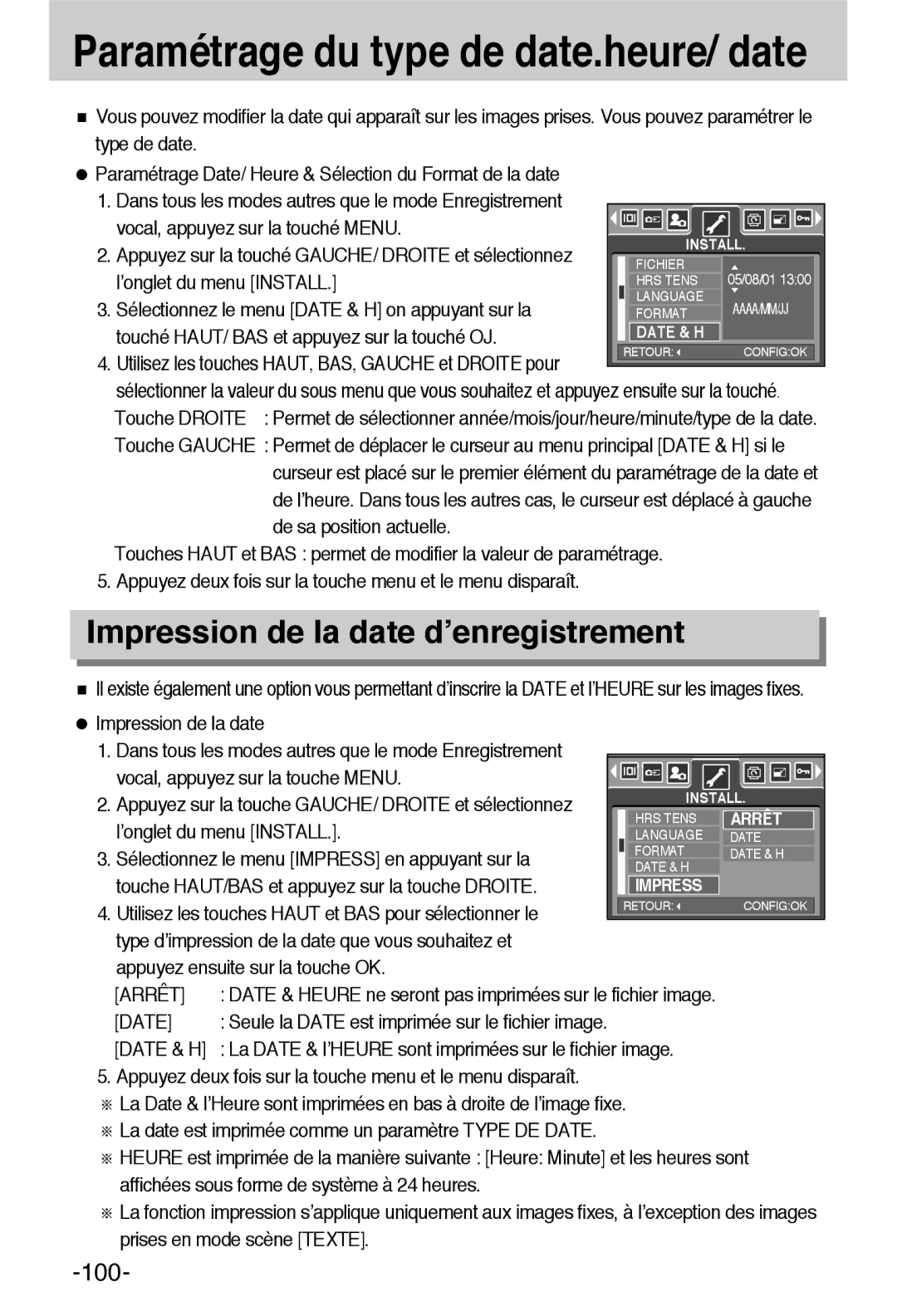 Samsung EC-L55WZSBA/E1 manual Impression de la date d’enregistrement, ’onglet du menu Install 