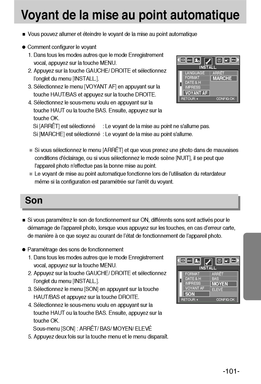 Samsung EC-L55WZSBA/E1 Son, Sélectionnez le menu Voyant AF en appuyant sur la, Paramétrage des sons de fonctionnement 