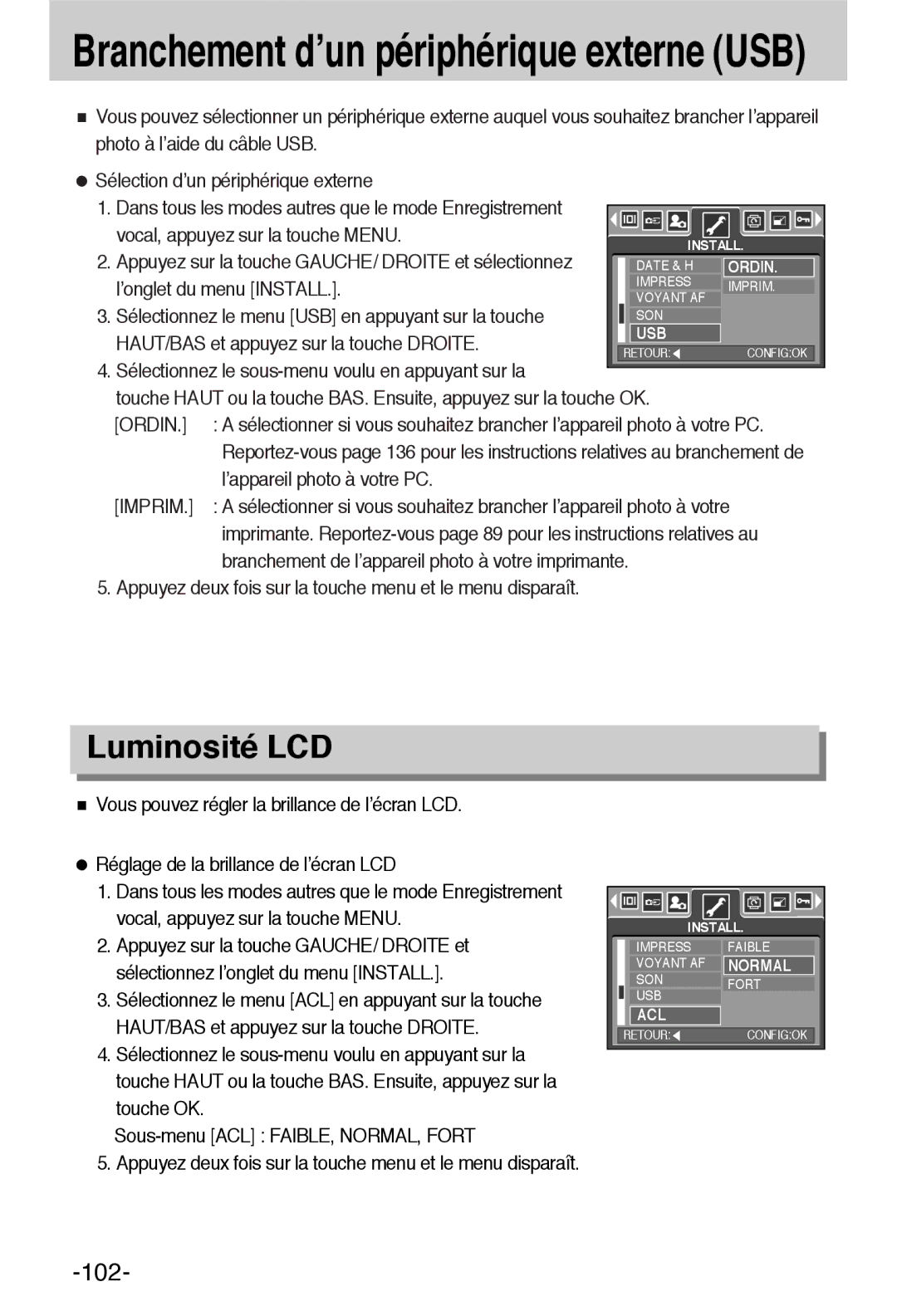 Samsung EC-L55WZSBA/E1 manual Branchement d’un périphérique externe USB, Luminosité LCD 