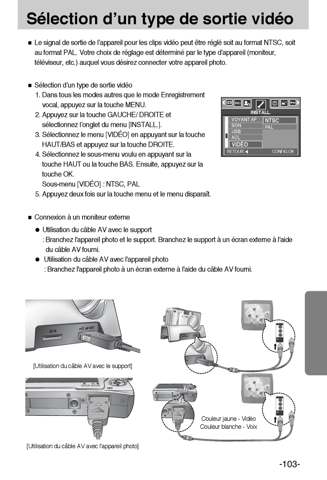 Samsung EC-L55WZSBA/E1 manual Sélection d’un type de sortie vidéo 