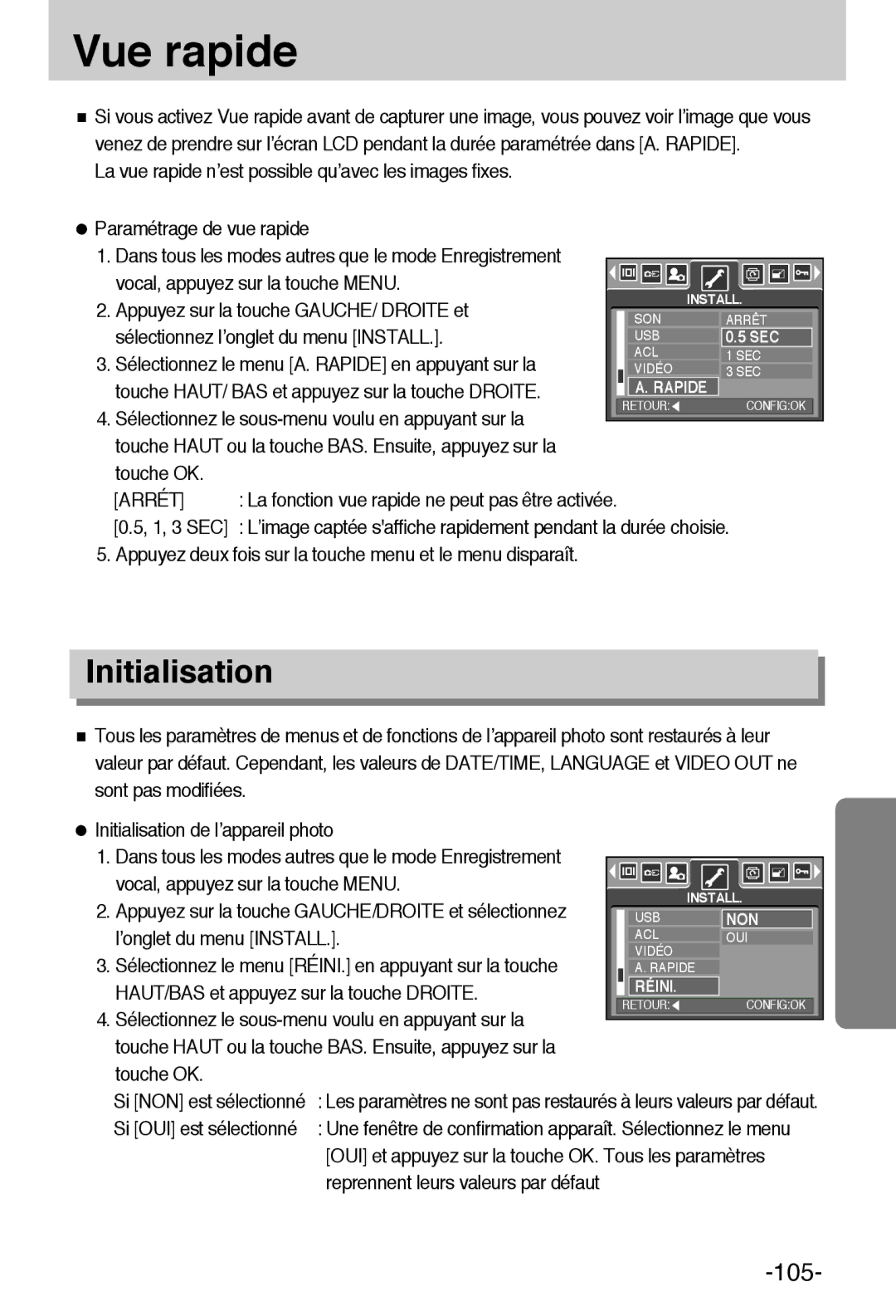 Samsung EC-L55WZSBA/E1 manual Vue rapide, Initialisation, Arrét 