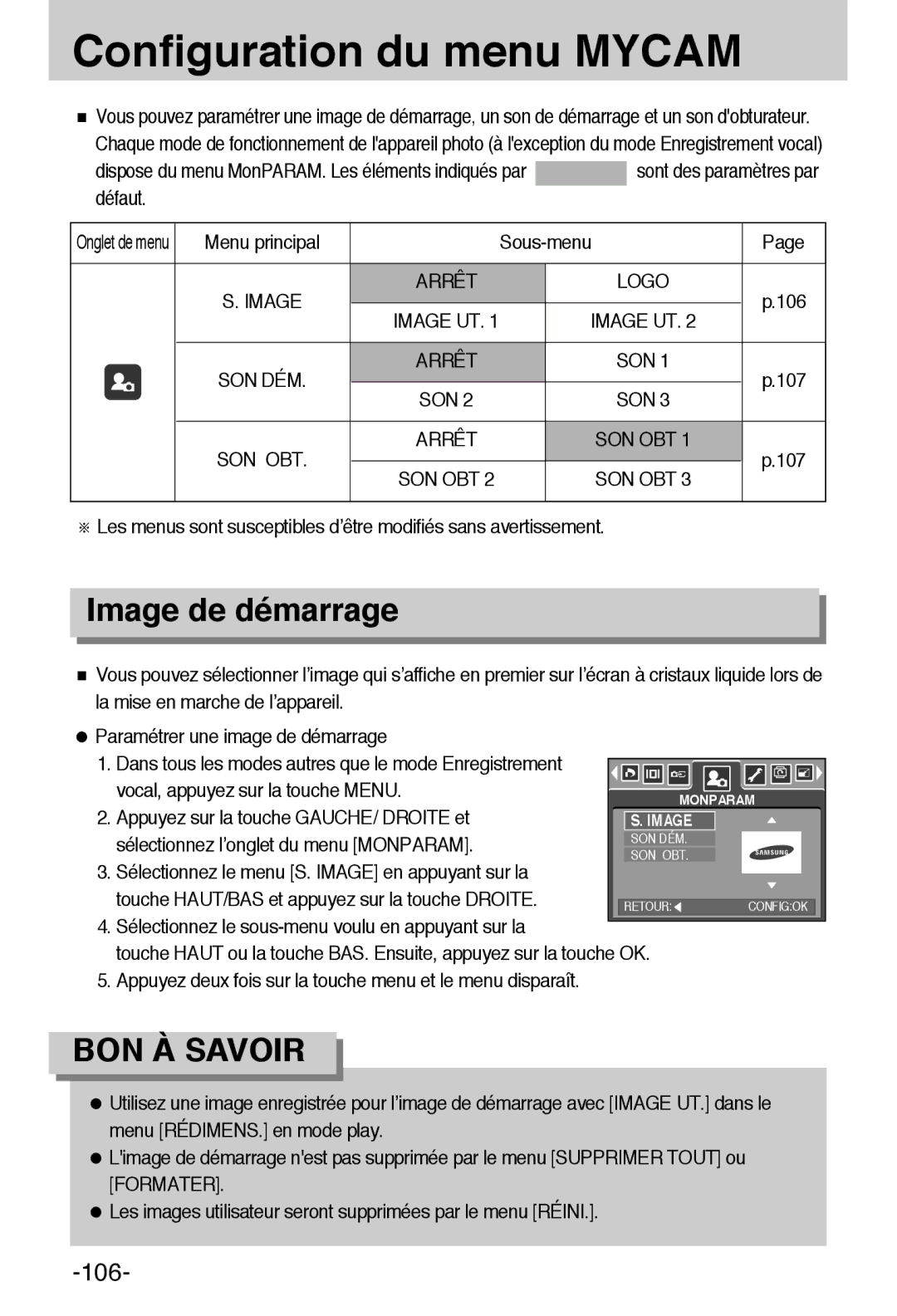 Samsung EC-L55WZSBA/E1 manual Configuration du menu Mycam, Image de démarrage, SON OBT Arrêt 