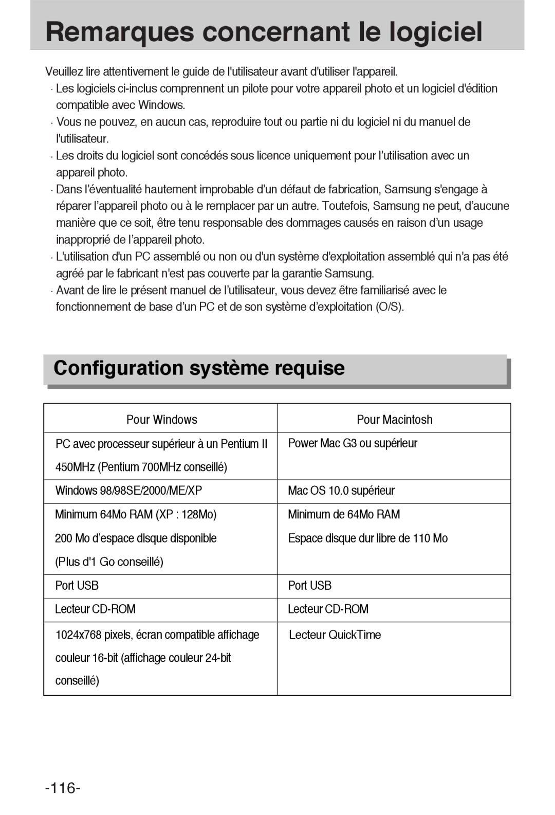 Samsung EC-L55WZSBA/E1 manual Configuration système requise, Pour Windows Pour Macintosh 