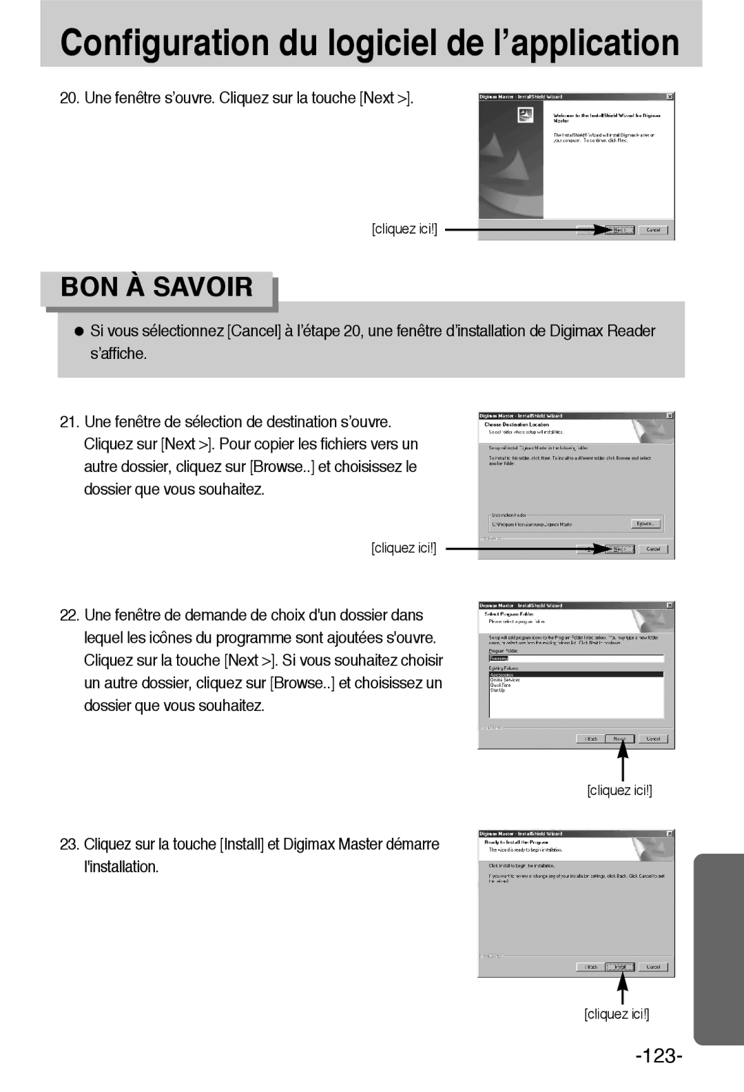 Samsung EC-L55WZSBA/E1 manual Une fenêtre s’ouvre. Cliquez sur la touche Next 