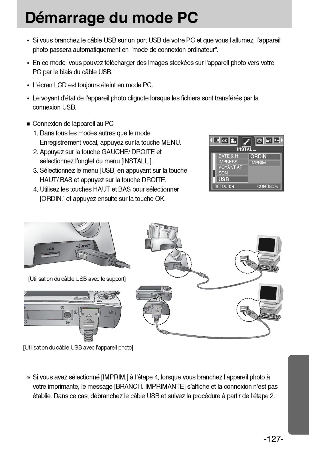 Samsung EC-L55WZSBA/E1 manual Démarrage du mode PC 