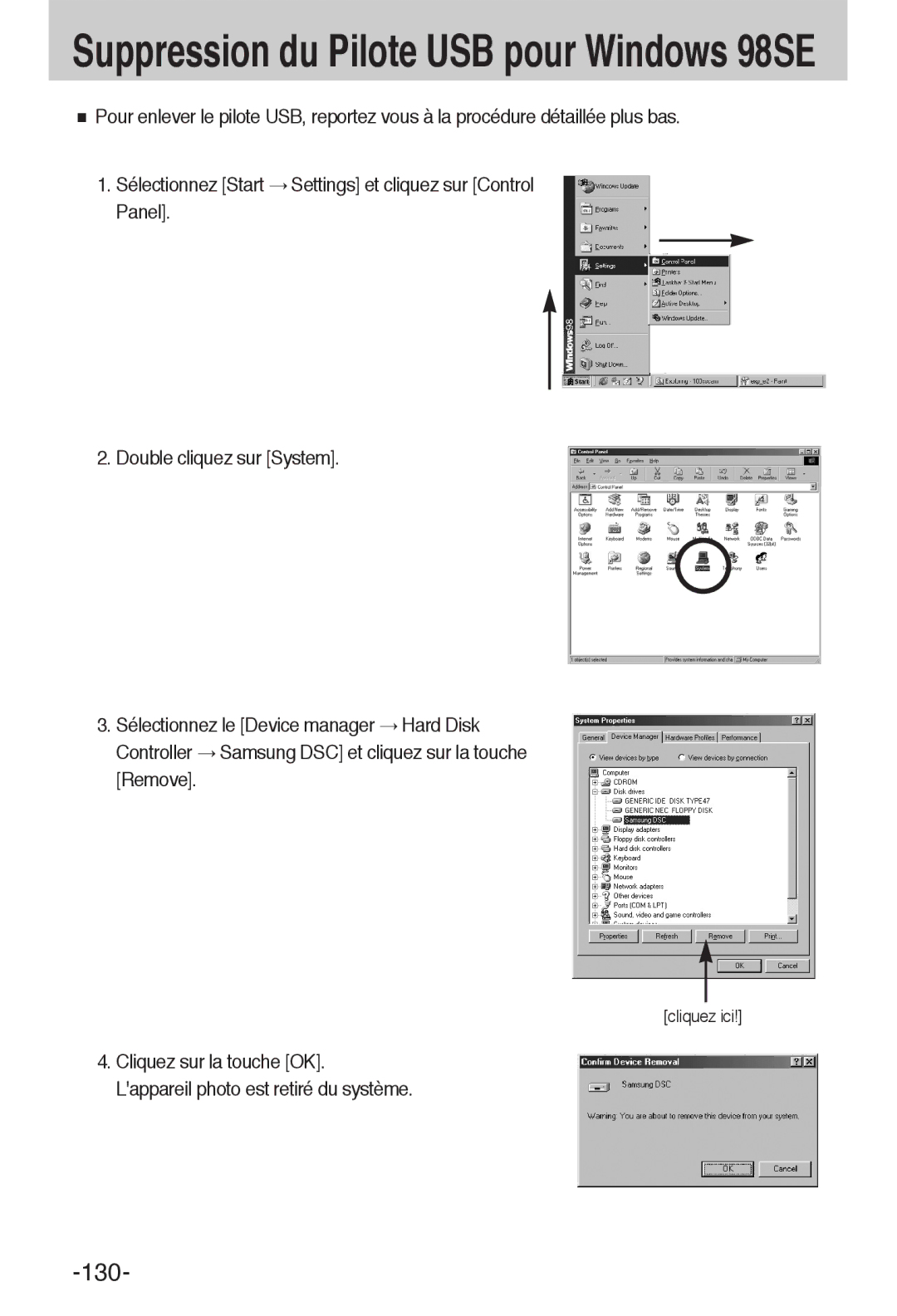 Samsung EC-L55WZSBA/E1 manual Suppression du Pilote USB pour Windows 98SE 