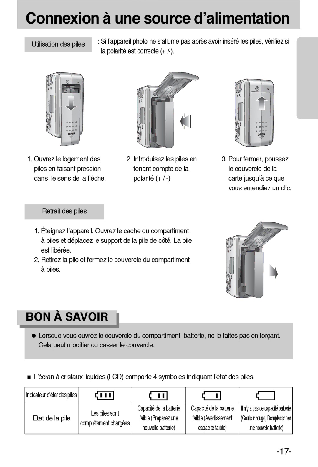 Samsung EC-L55WZSBA/E1 manual Utilisation des piles, La polarité est correcte + 