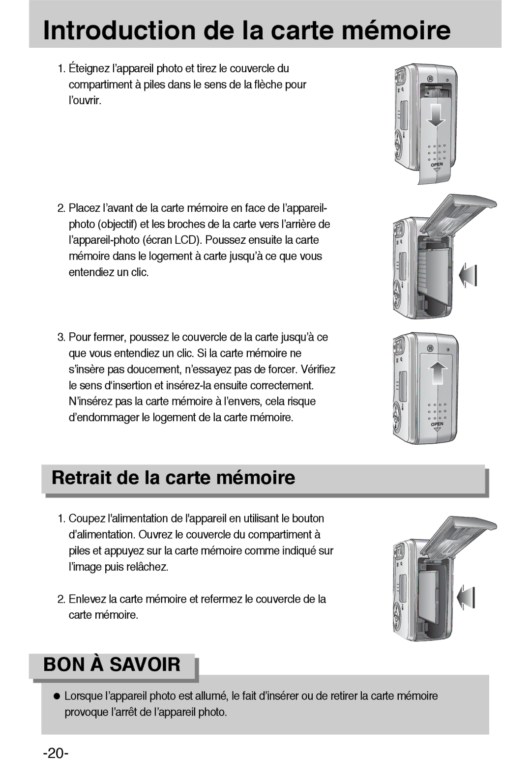 Samsung EC-L55WZSBA/E1 manual Introduction de la carte mémoire, Retrait de la carte mémoire 