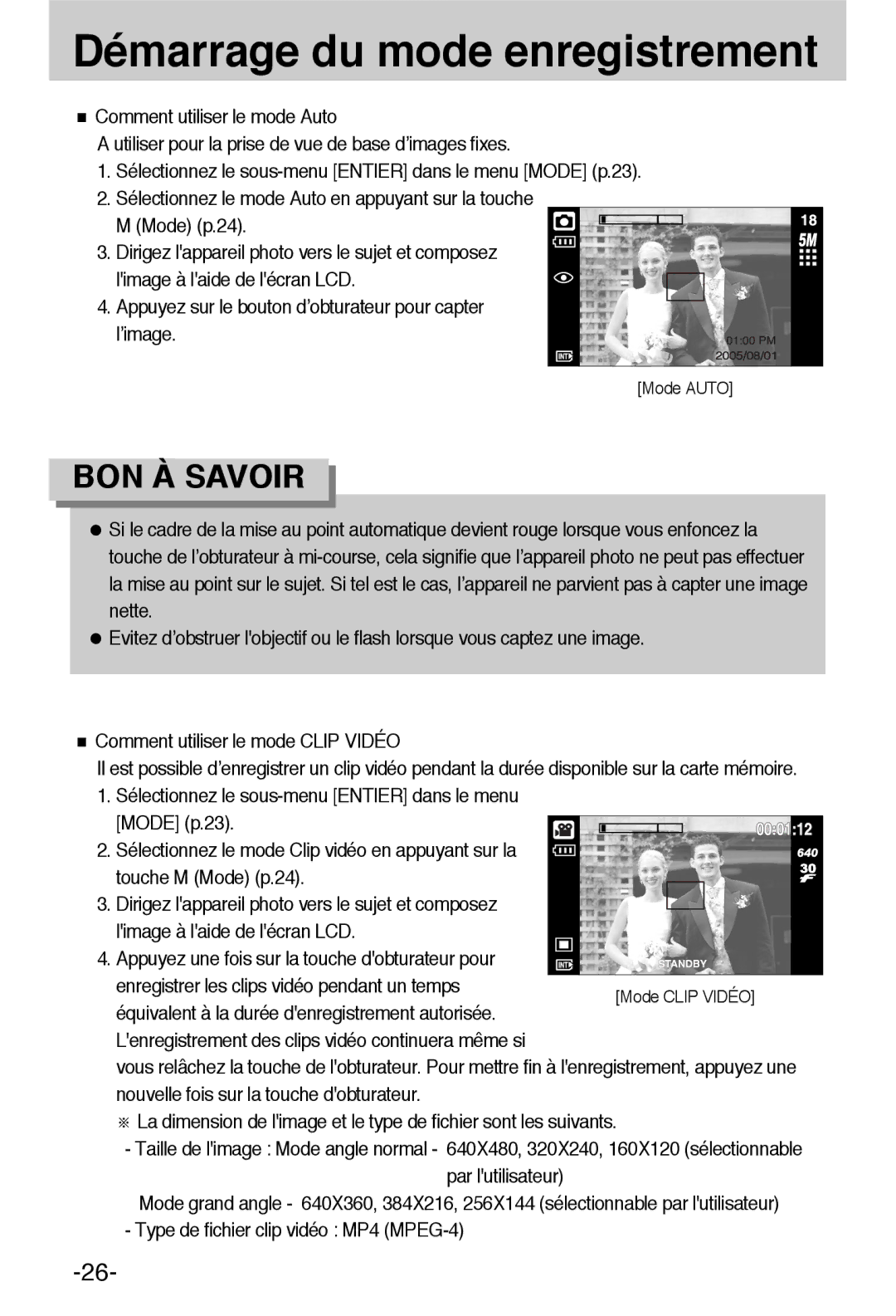 Samsung EC-L55WZSBA/E1 manual Démarrage du mode enregistrement 