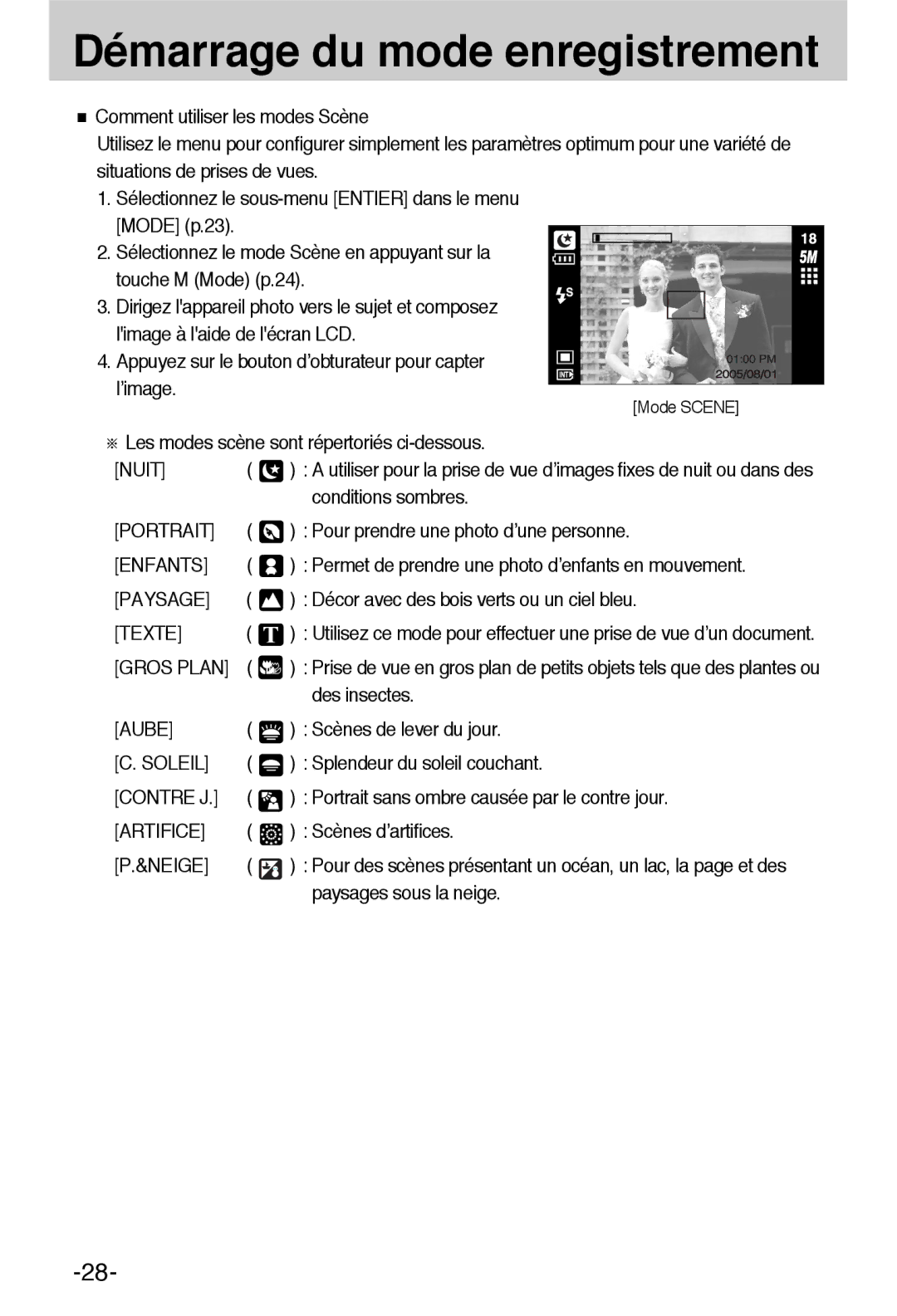 Samsung EC-L55WZSBA/E1 manual Portrait, Enfants, Paysage, Texte, Gros Plan, Aube, Soleil, Contre J, Artifice, Neige 