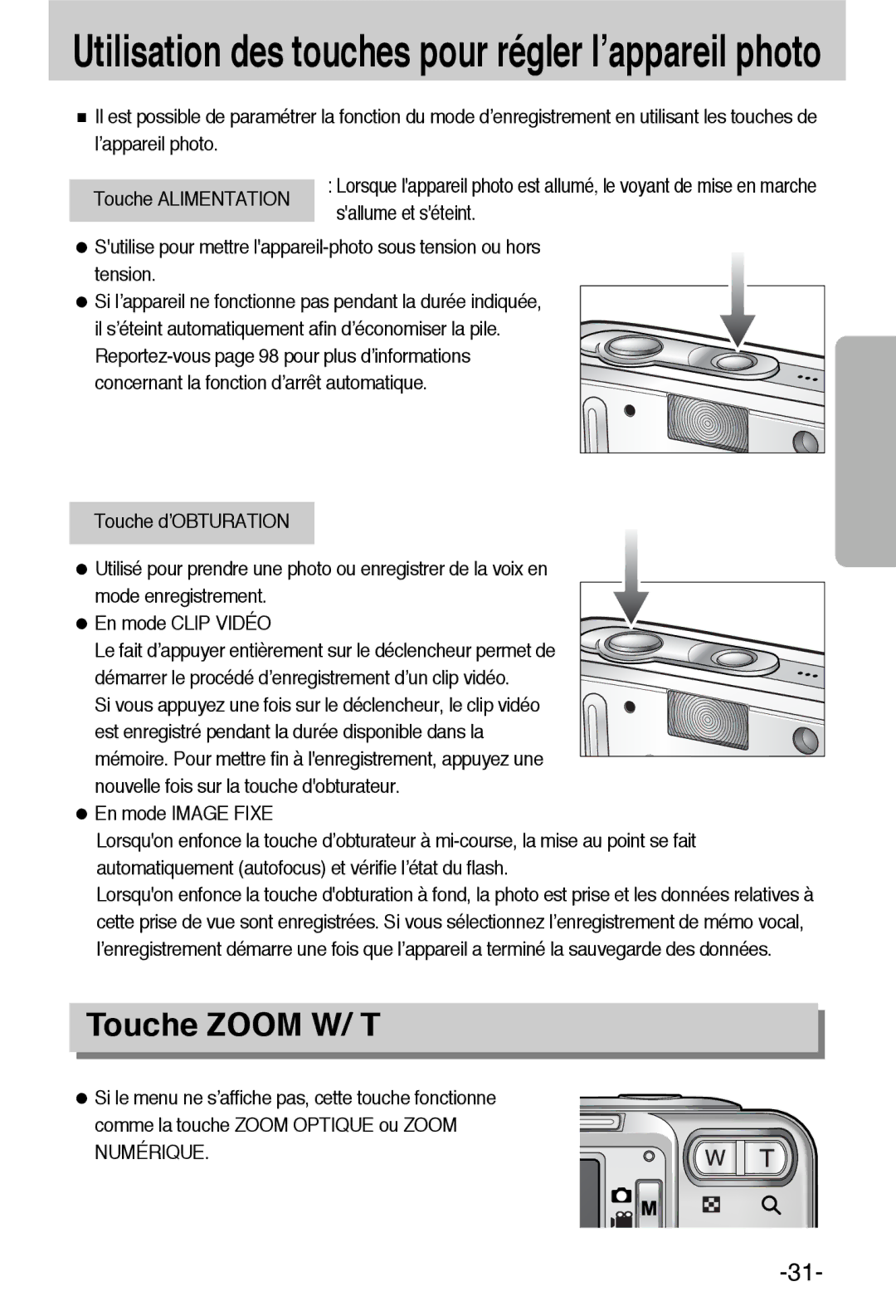 Samsung EC-L55WZSBA/E1 manual Utilisation des touches pour régler l’appareil photo, Touche Zoom W/ T 