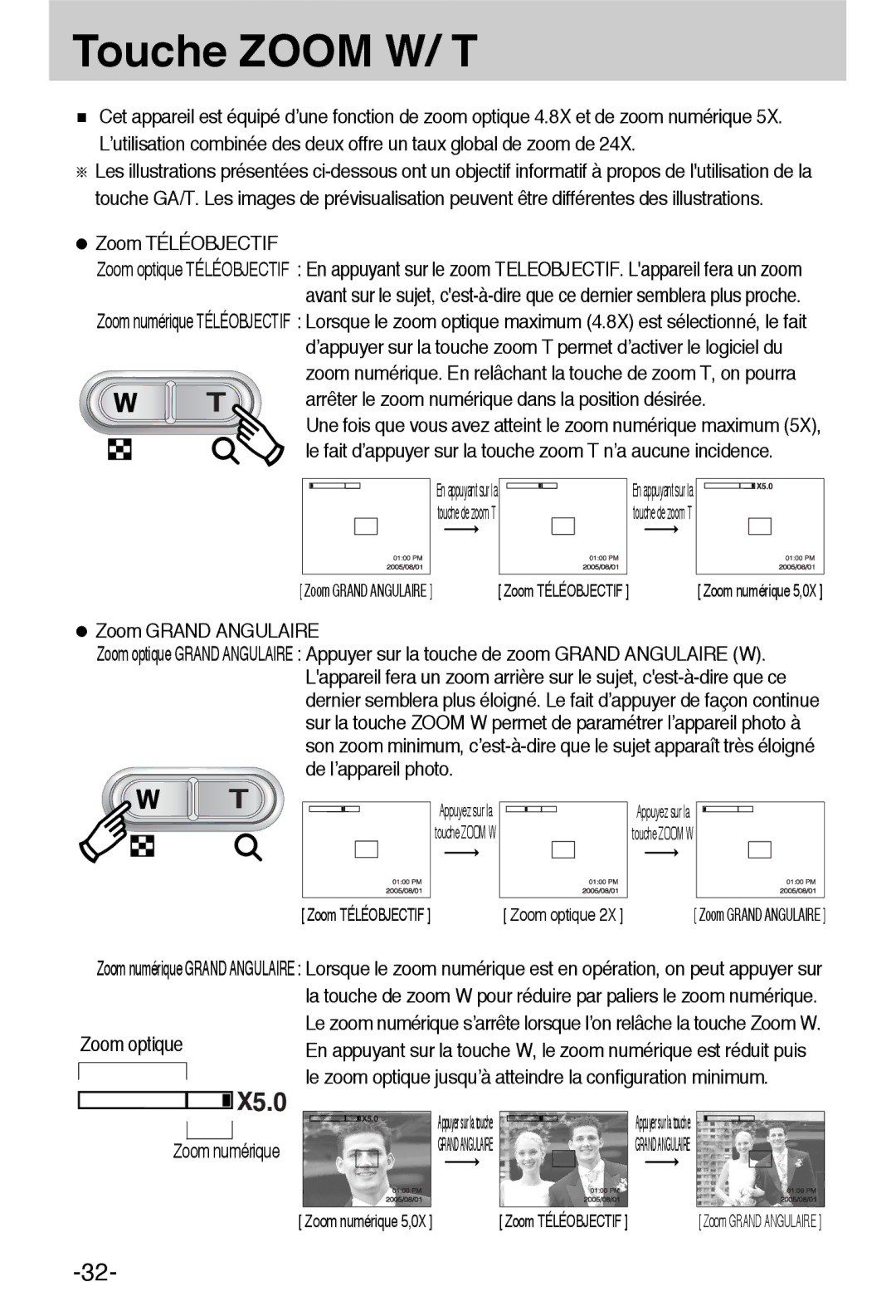 Samsung EC-L55WZSBA/E1 manual Touche Zoom W/ T, Zoom Téléobjectif, Arrêter le zoom numérique dans la position désirée 