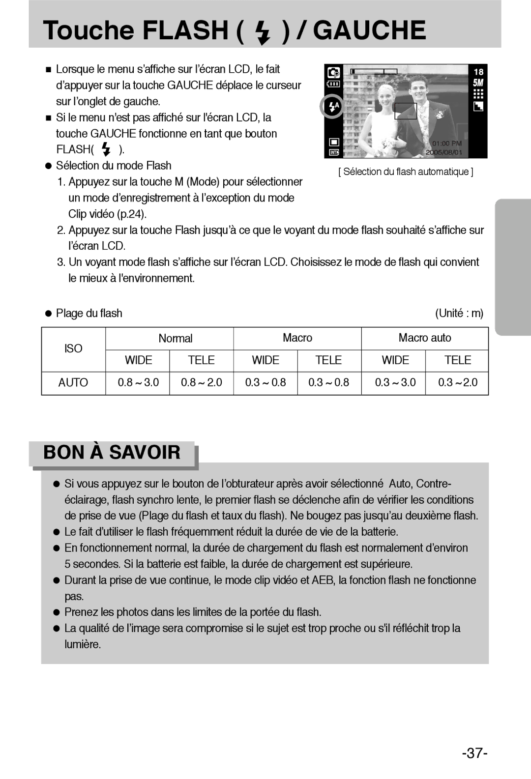 Samsung EC-L55WZSBA/E1 manual Touche Flash / Gauche, Iso, Normal Macro Macro auto, Wide Tele 