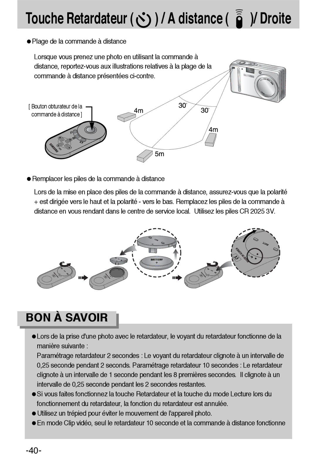 Samsung EC-L55WZSBA/E1 manual Remplacer les piles de la commande à distance 