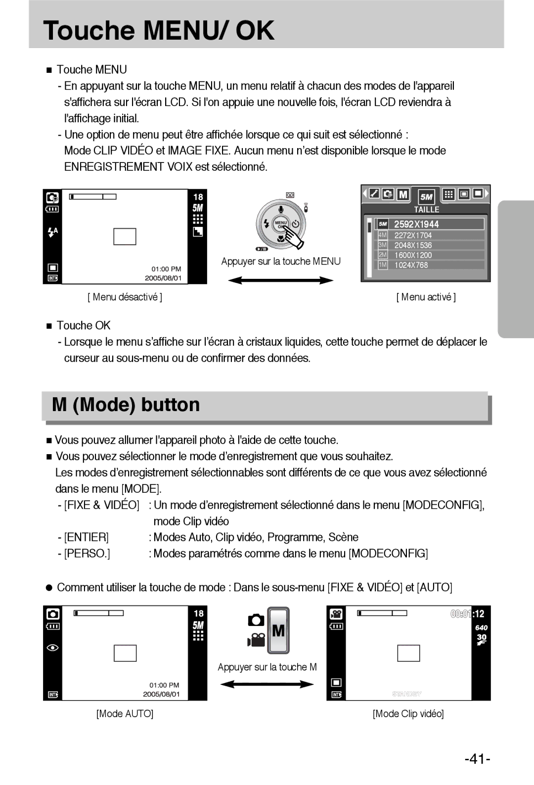 Samsung EC-L55WZSBA/E1 manual Touche MENU/ OK, Mode button, Fixe & Vidéo, Entier 