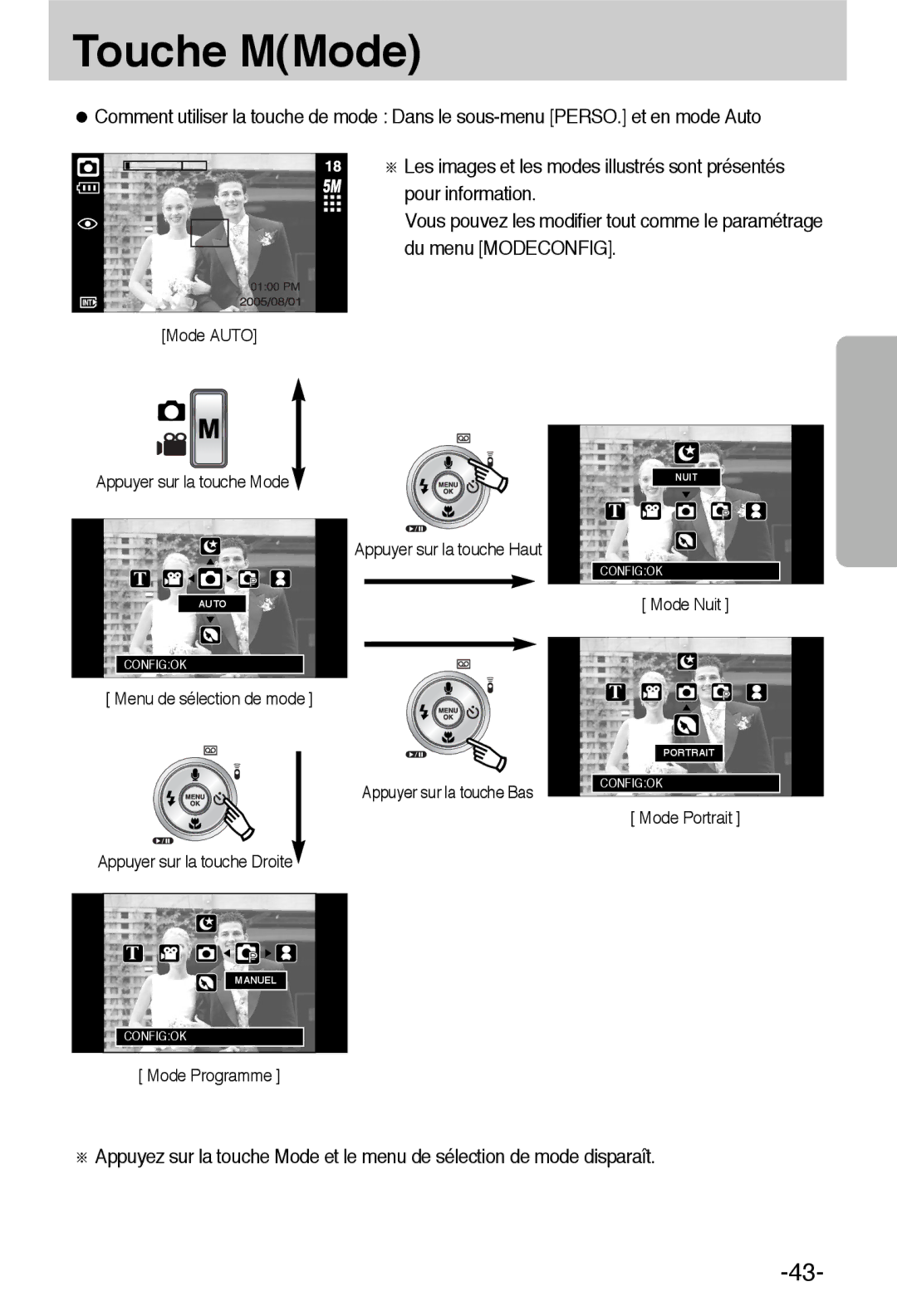 Samsung EC-L55WZSBA/E1 manual Menu de sélection de mode Appuyer sur la touche Droite 