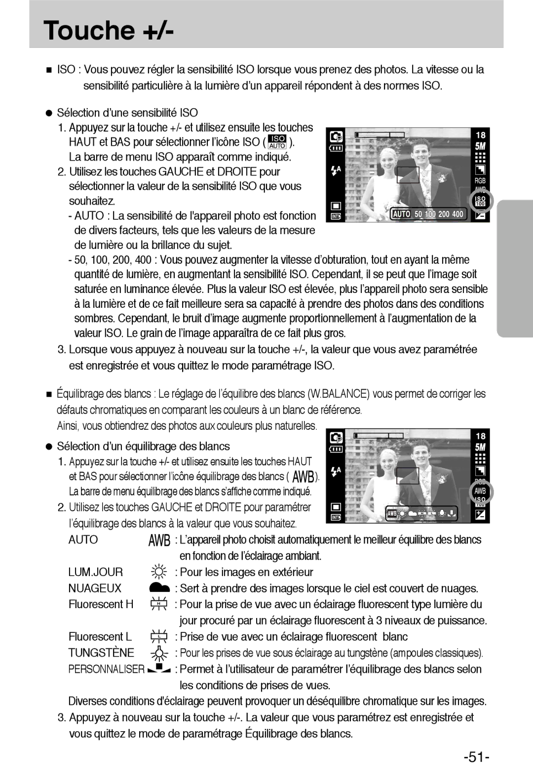 Samsung EC-L55WZSBA/E1 manual Auto, Lum.Jour, Nuageux, Tungstène, Personnaliser 