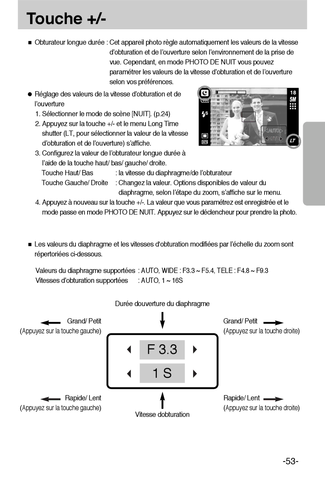 Samsung EC-L55WZSBA/E1 manual Touche Haut/ Bas La vitesse du diaphragme/de l’obturateur, Rapide/ Lent, Vitesse dobturation 