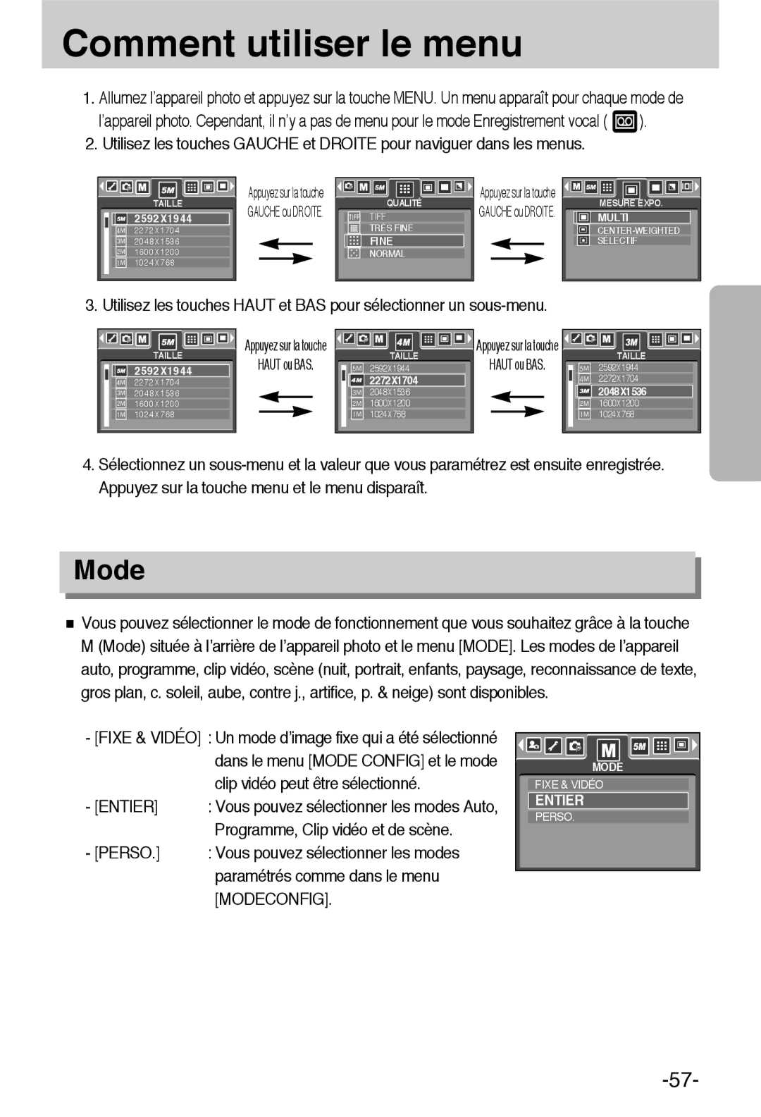 Samsung EC-L55WZSBA/E1 manual Comment utiliser le menu, Programme, Clip vidéo et de scène, Modeconfig 