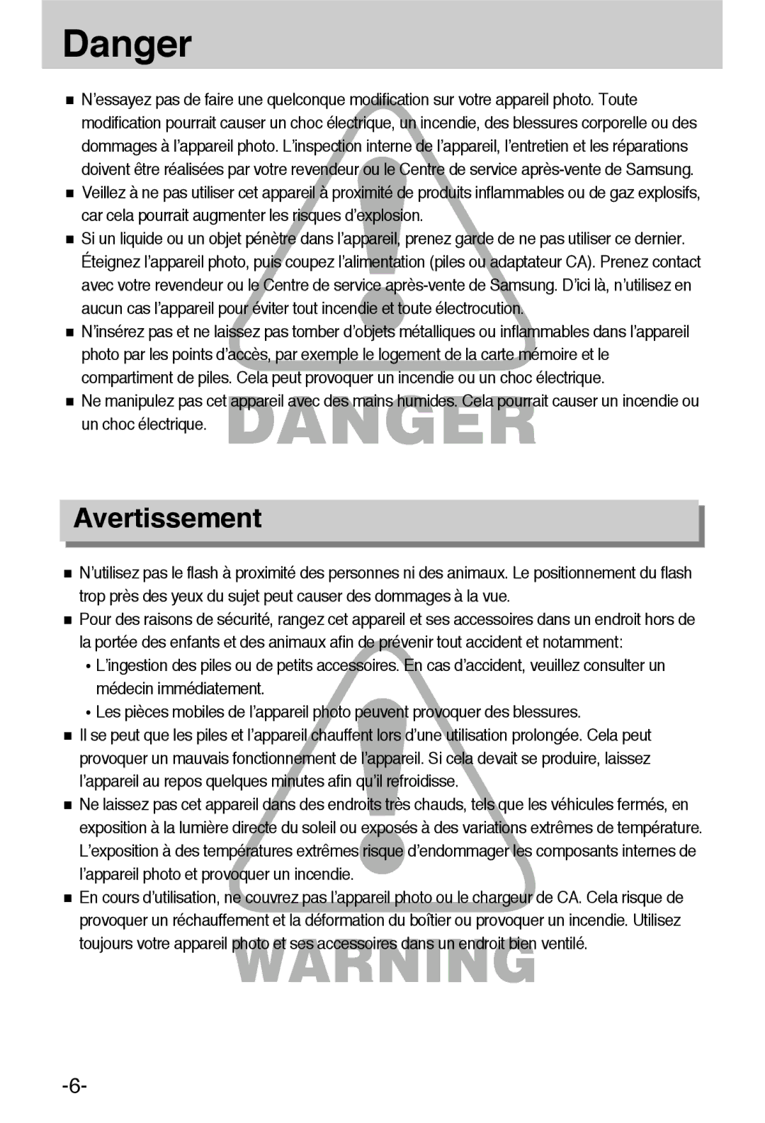 Samsung EC-L55WZSBA/E1 manual Avertissement 