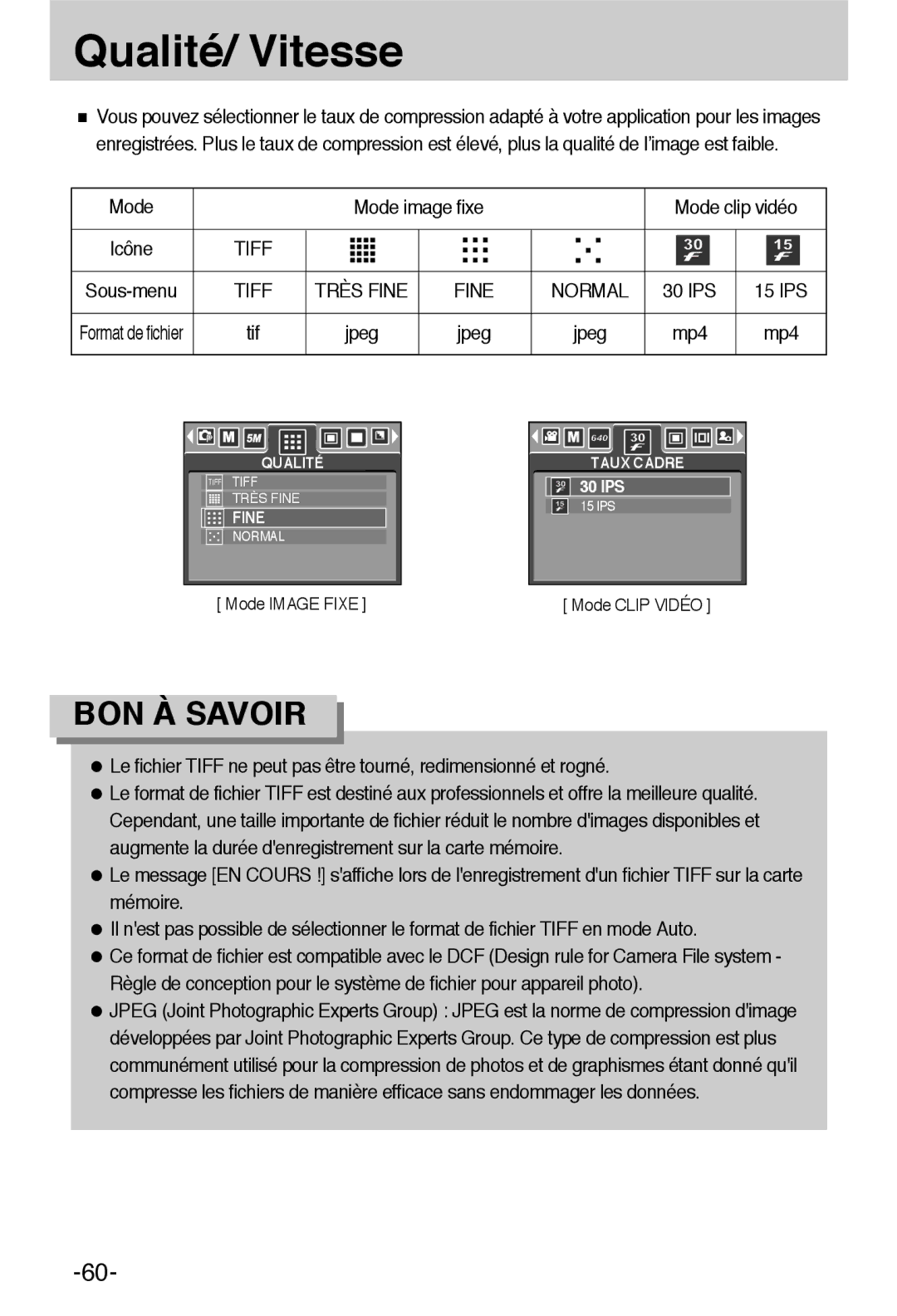 Samsung EC-L55WZSBA/E1 manual Qualité/ Vitesse, Mode image fixe, Tiff, 30 IPS, Mp4 