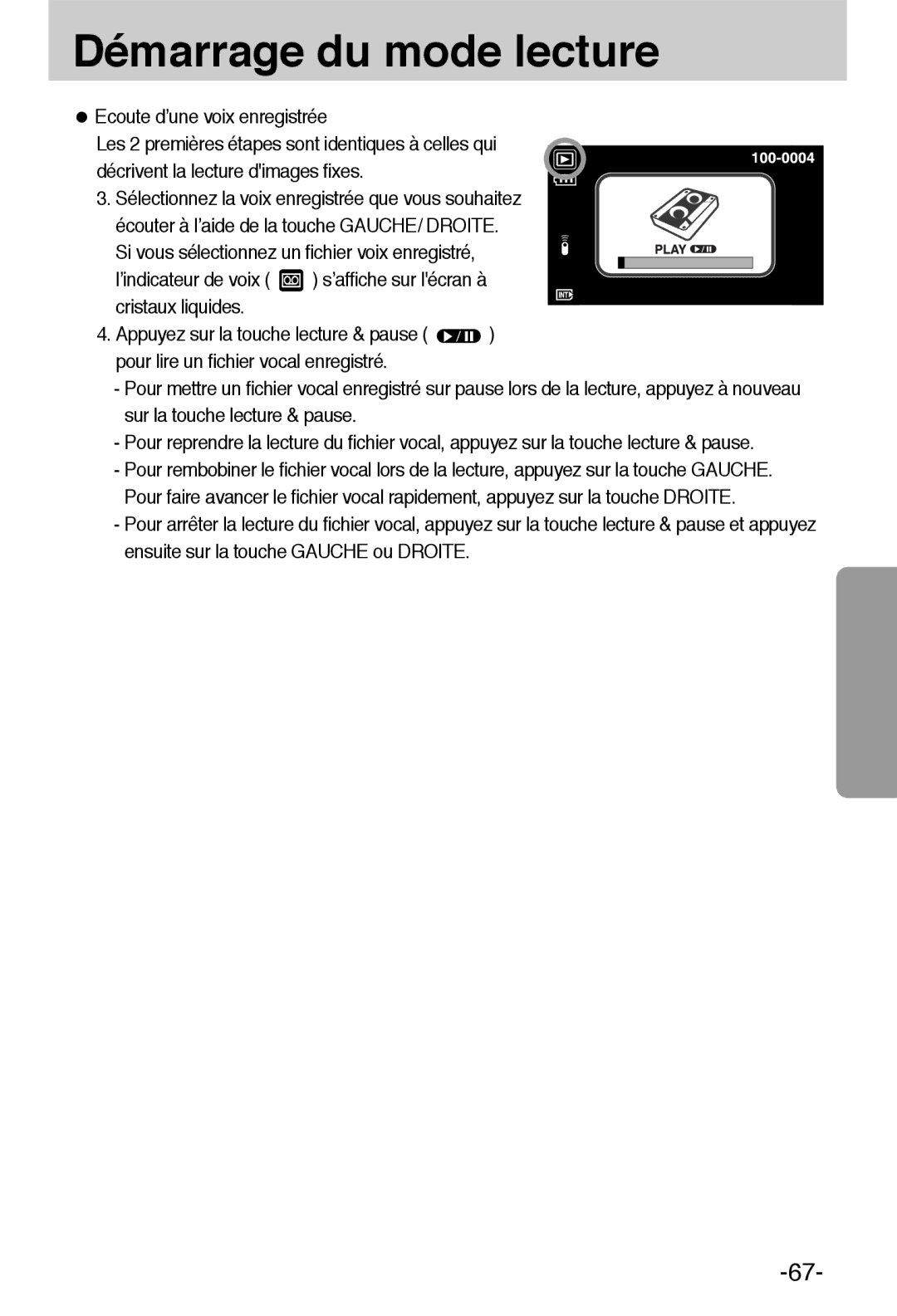 Samsung EC-L55WZSBA/E1 manual Démarrage du mode lecture 