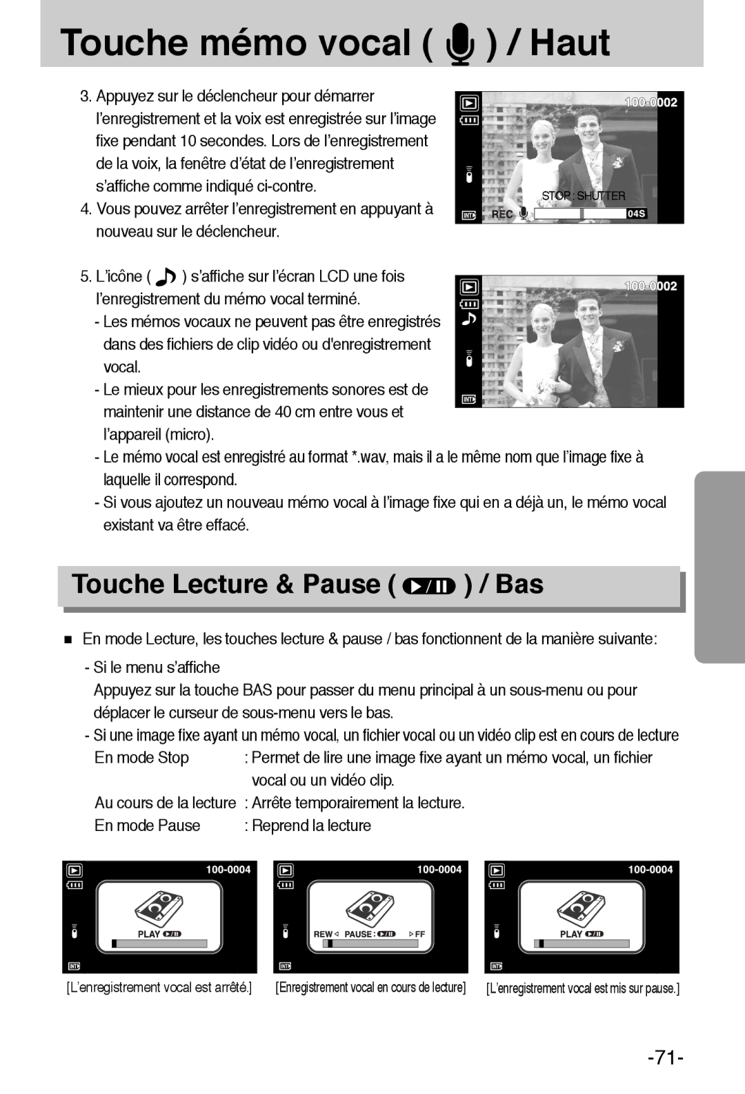 Samsung EC-L55WZSBA/E1 manual Touche mémo vocal / Haut, Touche Lecture & Pause / Bas 