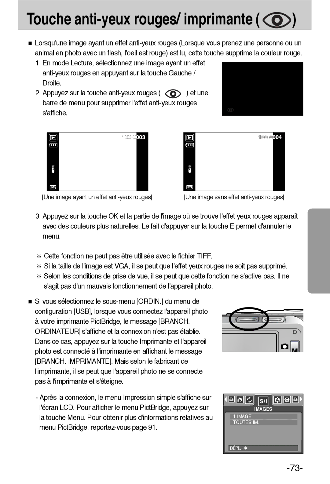 Samsung EC-L55WZSBA/E1 manual Touche anti-yeux rouges/ imprimante, Saffiche 