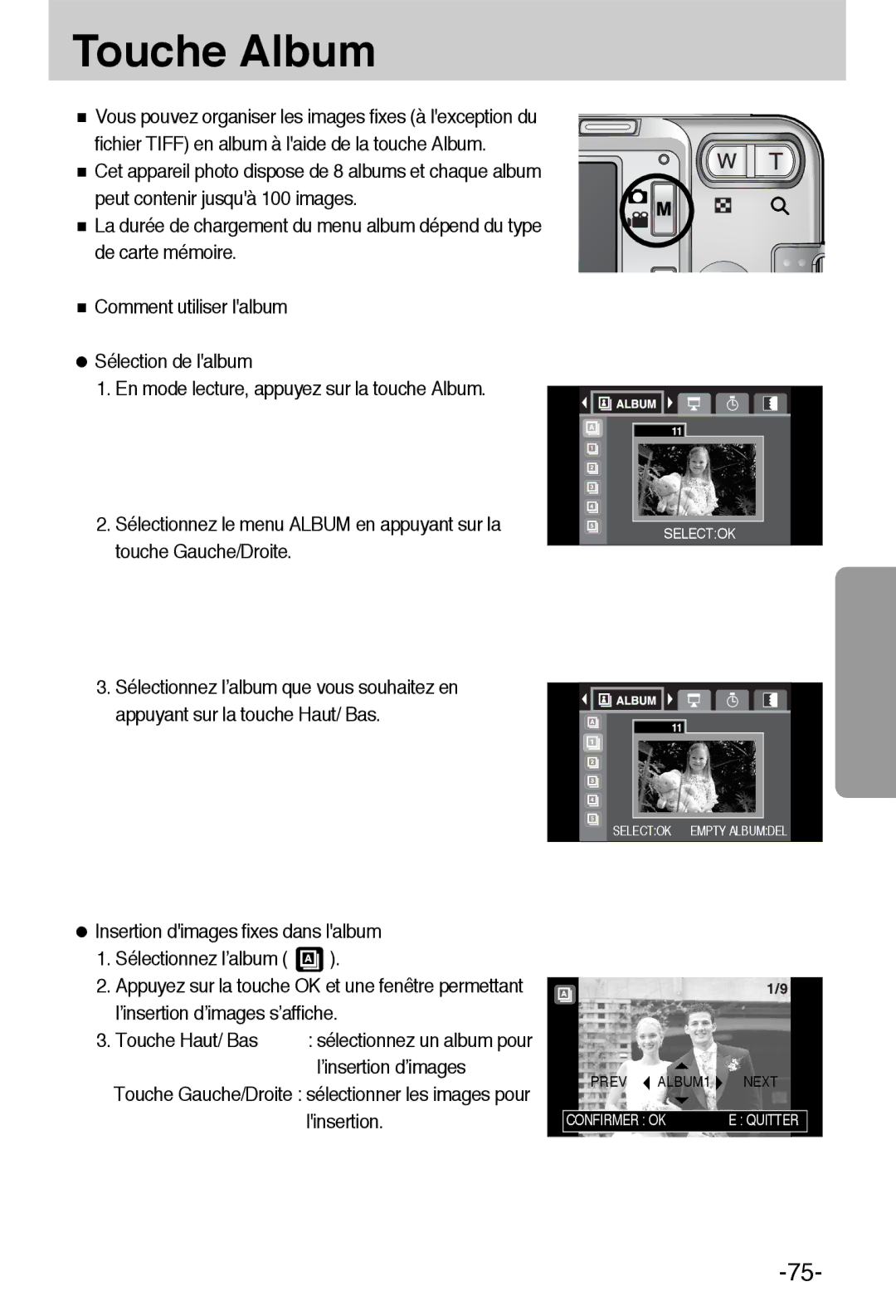 Samsung EC-L55WZSBA/E1 manual Touche Album, ’insertion d’images 