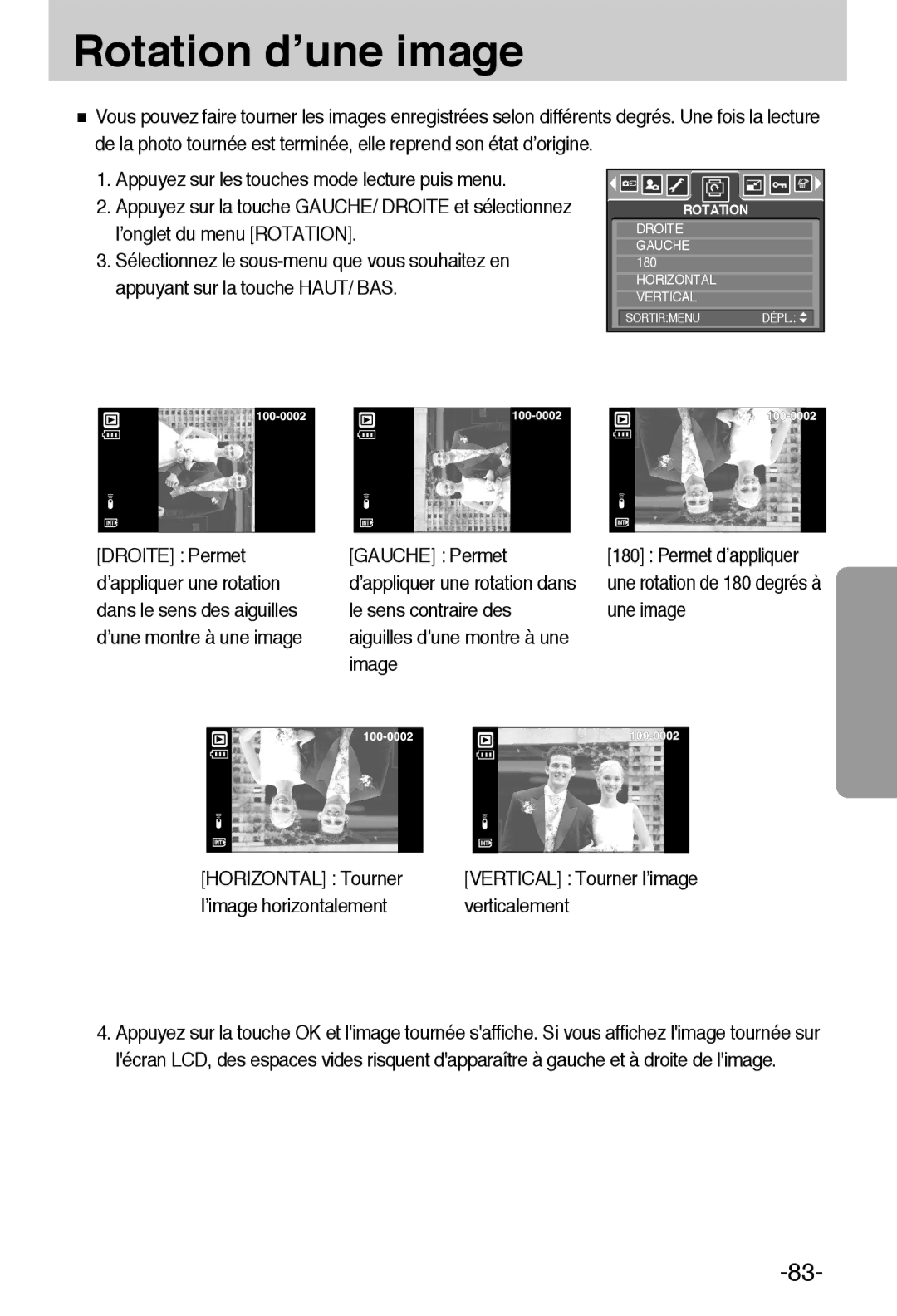 Samsung EC-L55WZSBA/E1 manual Rotation d’une image, ’image horizontalement Verticalement 