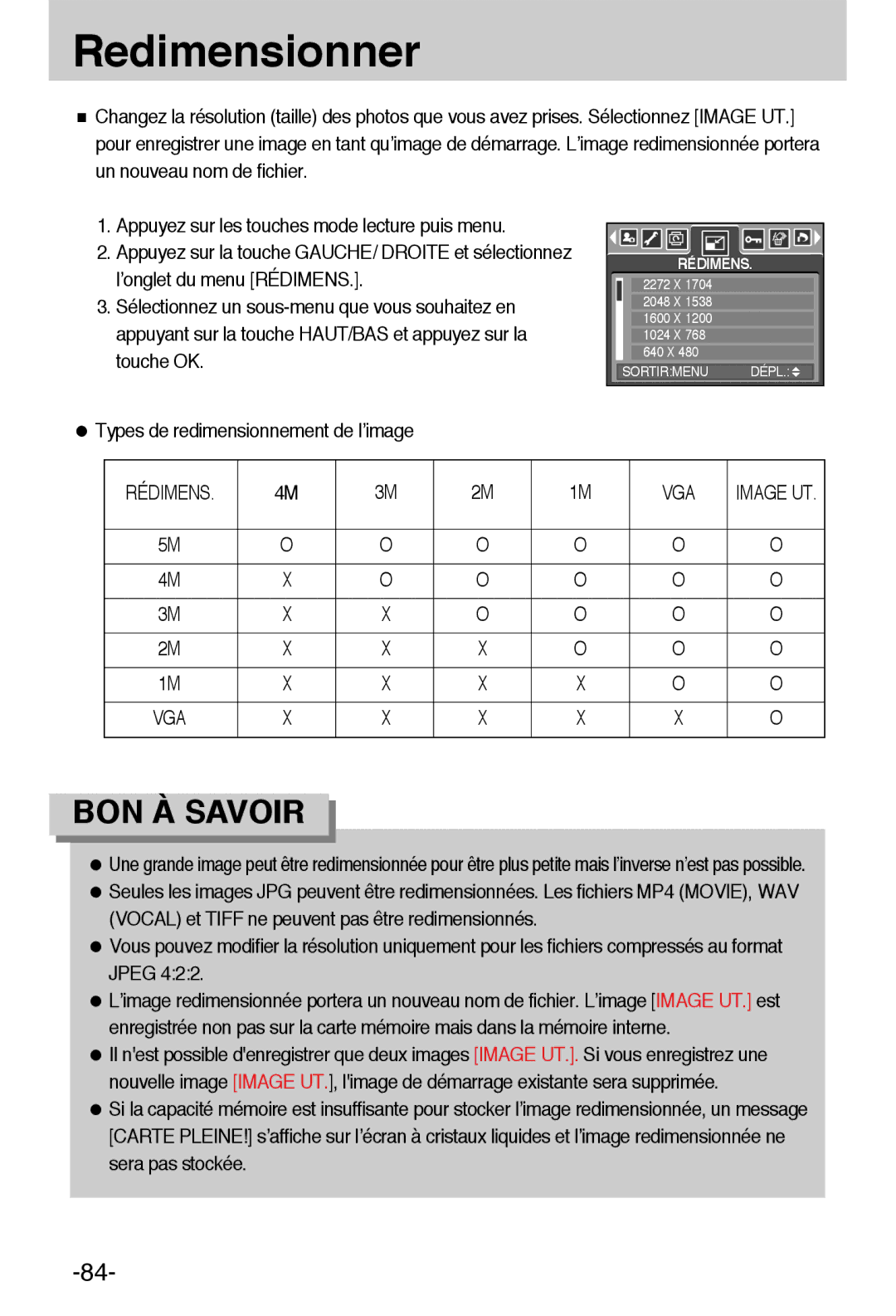 Samsung EC-L55WZSBA/E1 manual Redimensionner, Types de redimensionnement de l’image, Rédimens VGA 