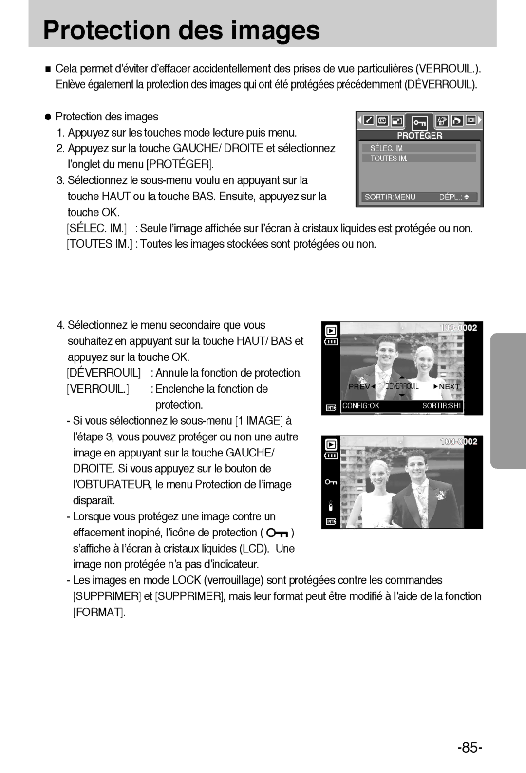 Samsung EC-L55WZSBA/E1 manual Protection des images, Déverrouil, Verrouil 