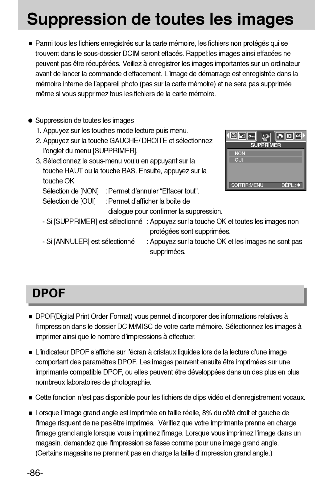 Samsung EC-L55WZSBA/E1 manual Suppression de toutes les images, ’onglet du menu Supprimer 