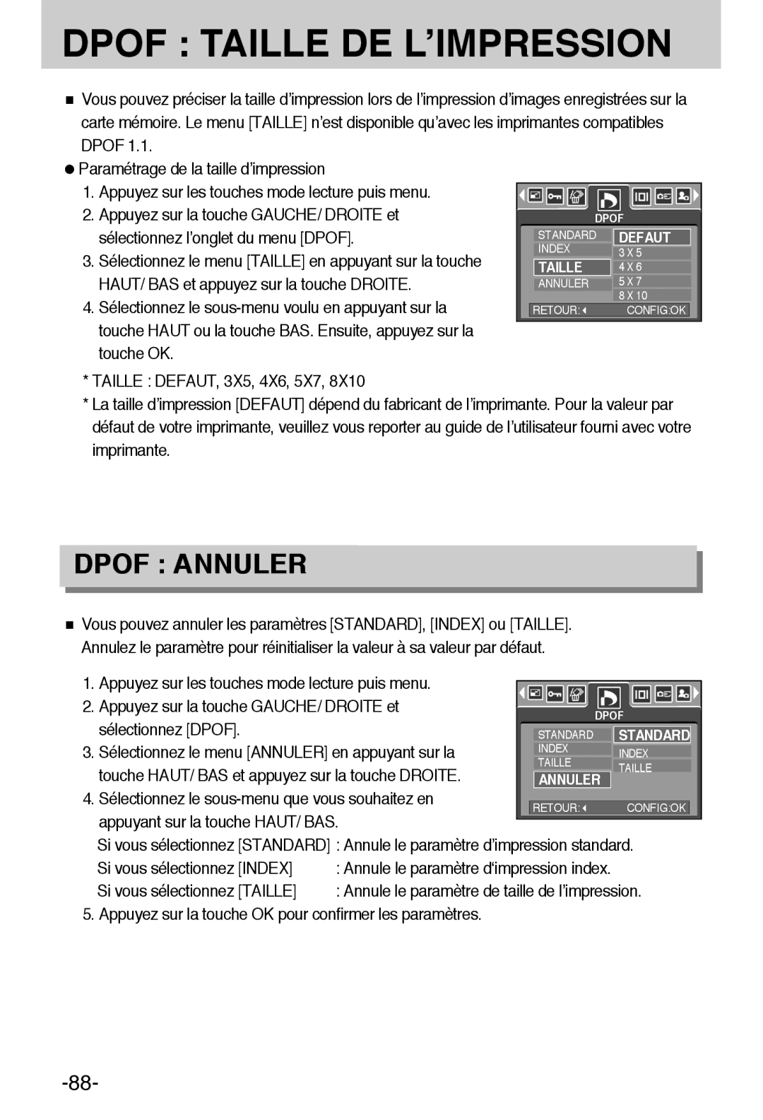 Samsung EC-L55WZSBA/E1 Sélectionnez Dpof, Sélectionnez le menu Annuler en appuyant sur la, Si vous sélectionnez Index 