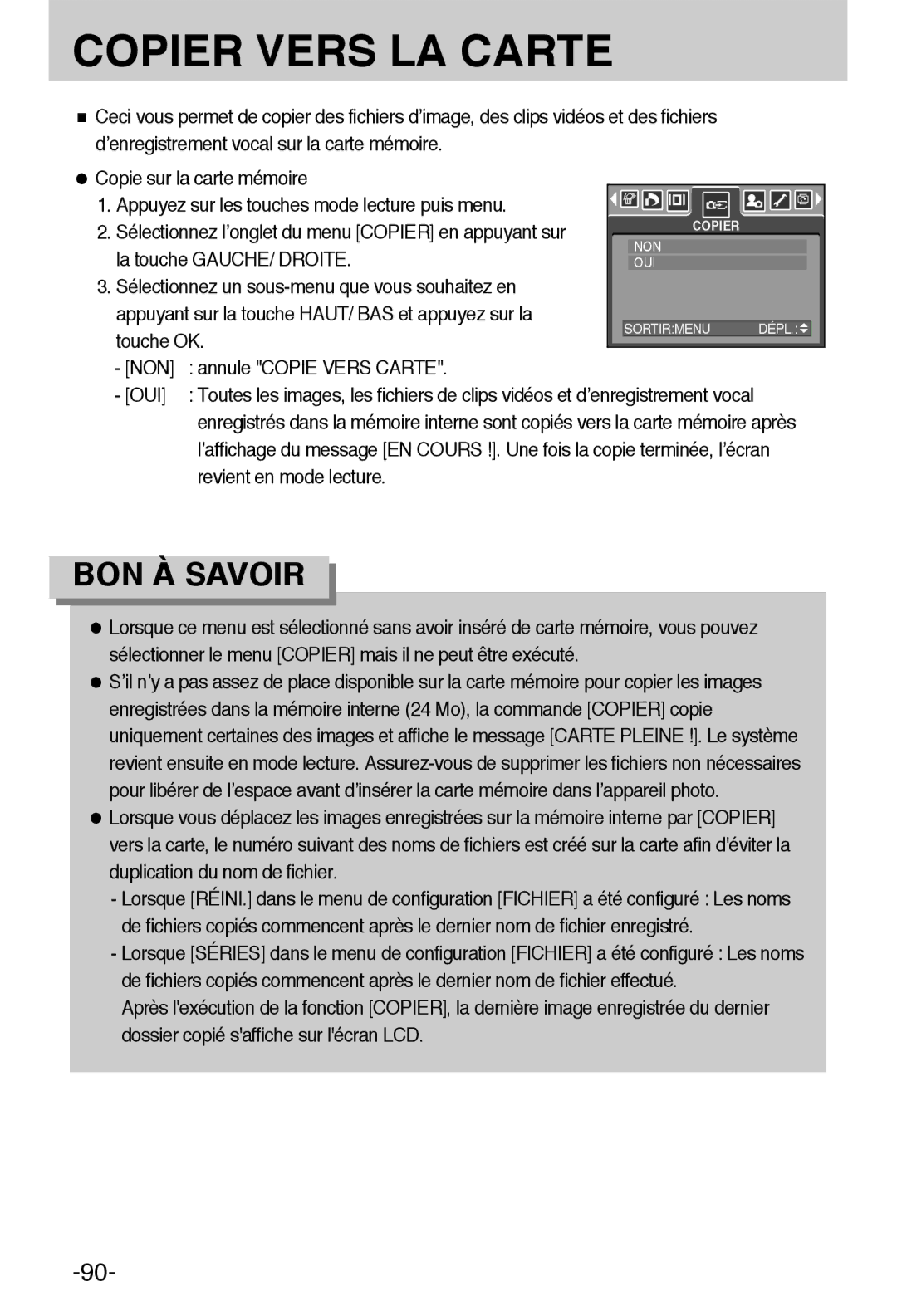 Samsung EC-L55WZSBA/E1 manual La touche GAUCHE/ Droite, NON Annule Copie Vers Carte OUI, Revient en mode lecture 